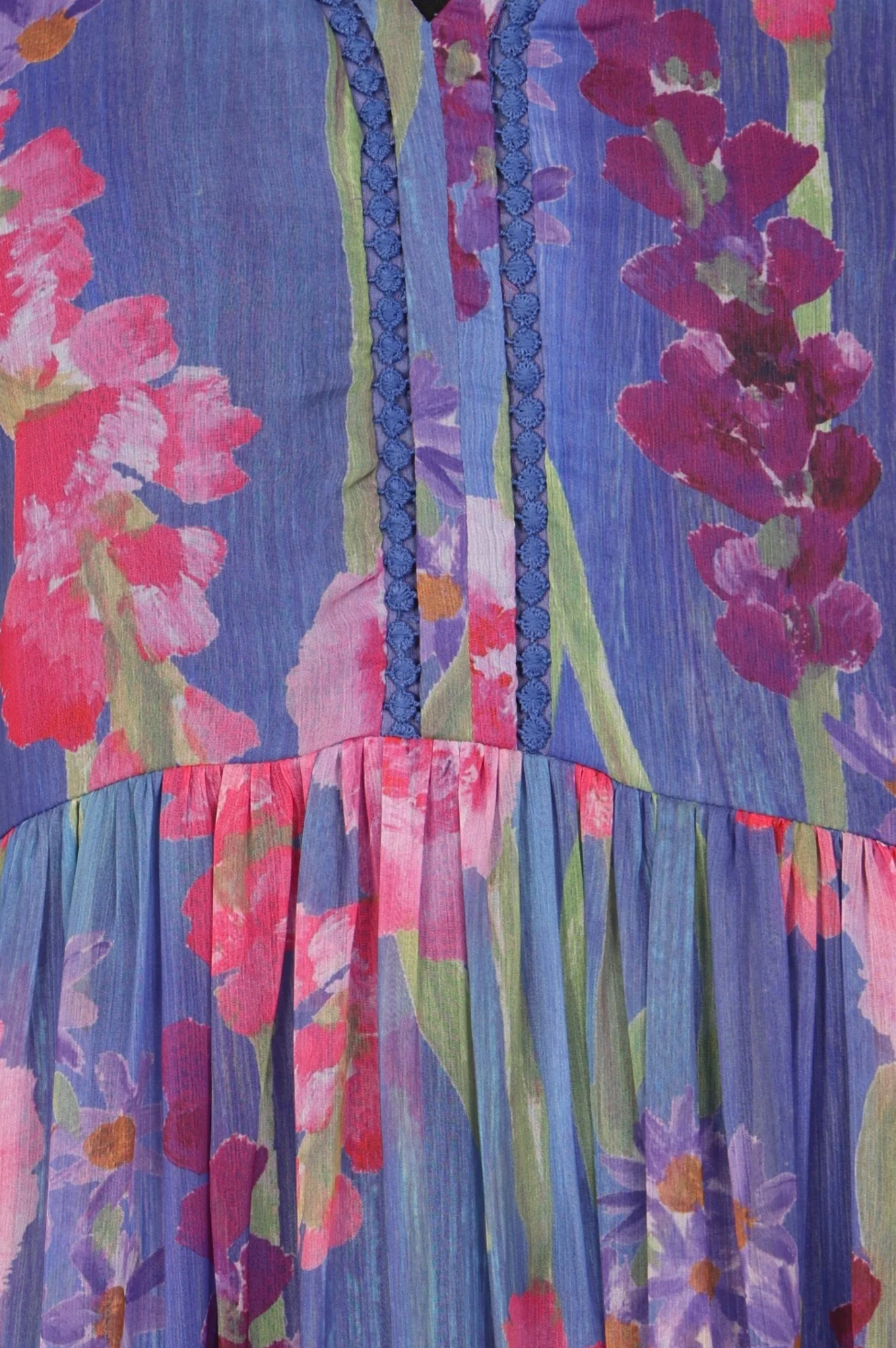 Blue Floral Printed Chiffon Flared Dress - Image 4