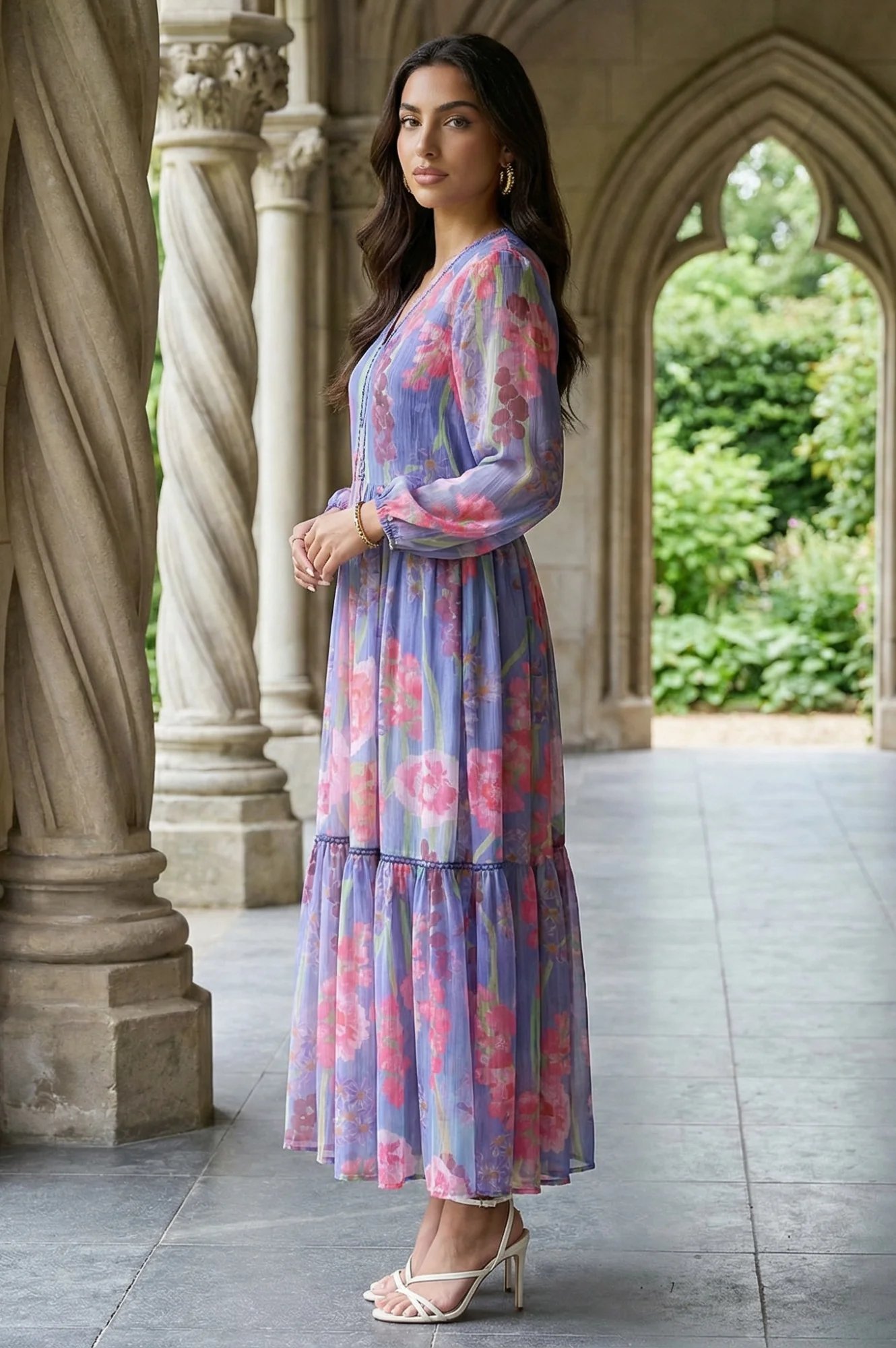 Blue Floral Printed Chiffon Flared Dress - Image 5