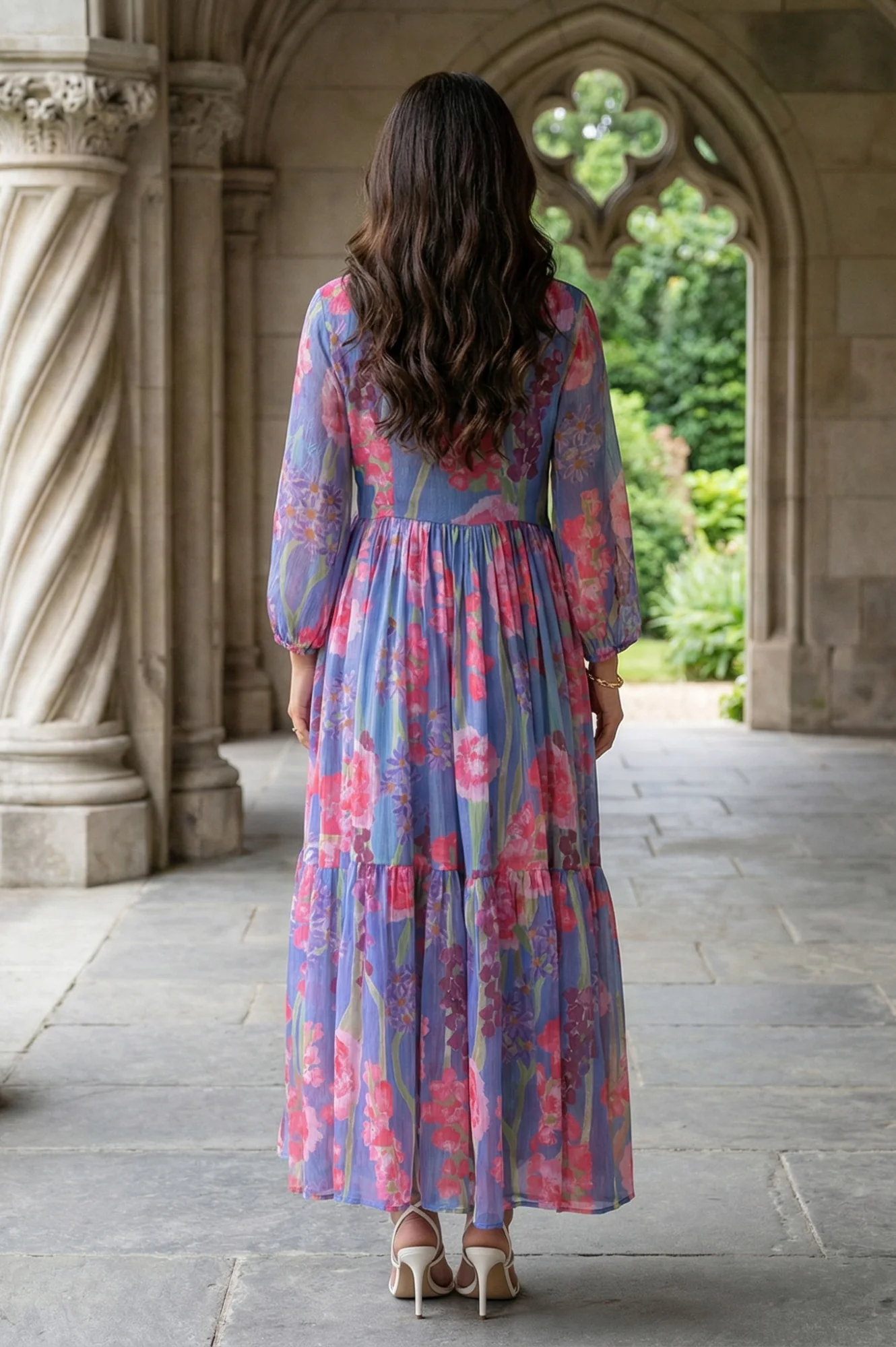 Blue Floral Printed Chiffon Flared Dress - Image 6