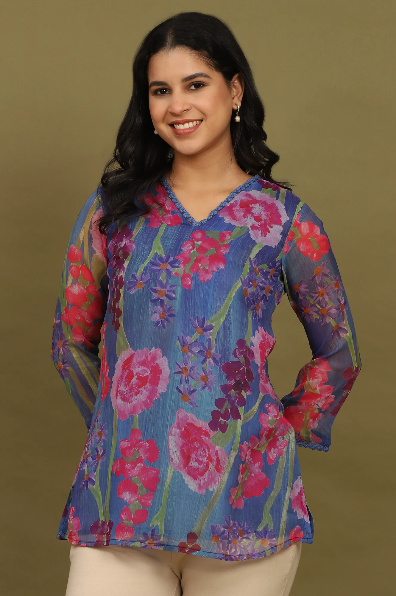 Blue Floral Printed Chiffon Gathered Top - Image 2