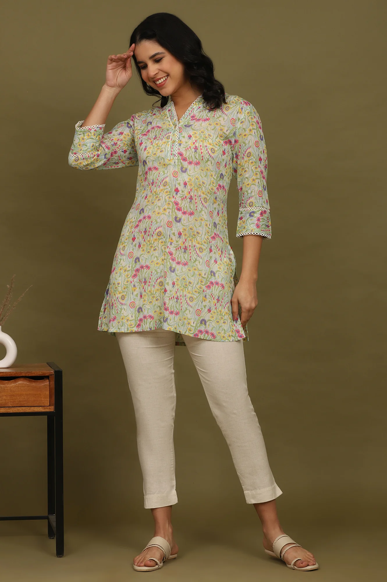 Blue Floral Printed Cotton Crepe Tunic with Lace - Image 2