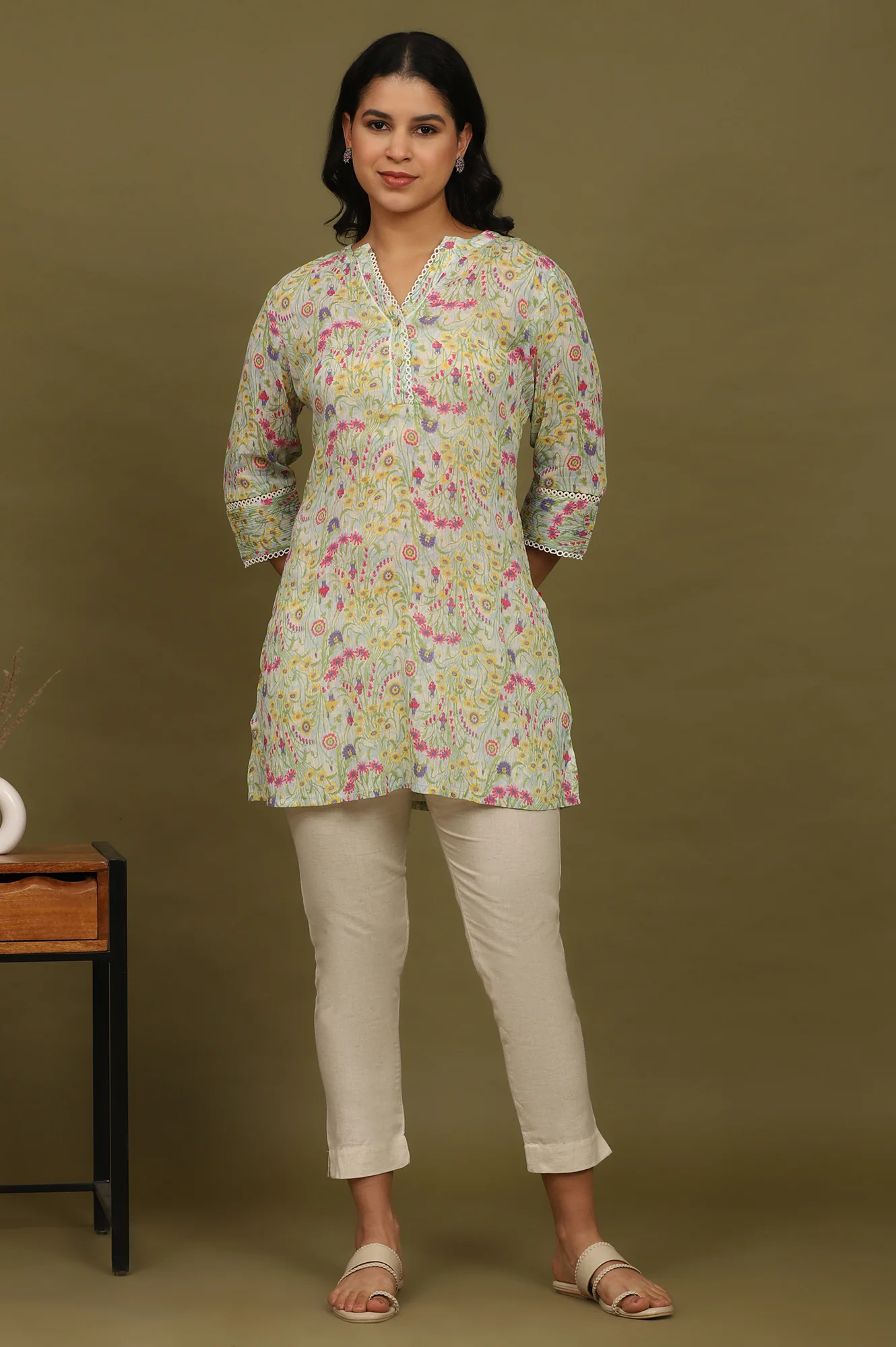 Blue Floral Printed Cotton Crepe Tunic with Lace - Image 3