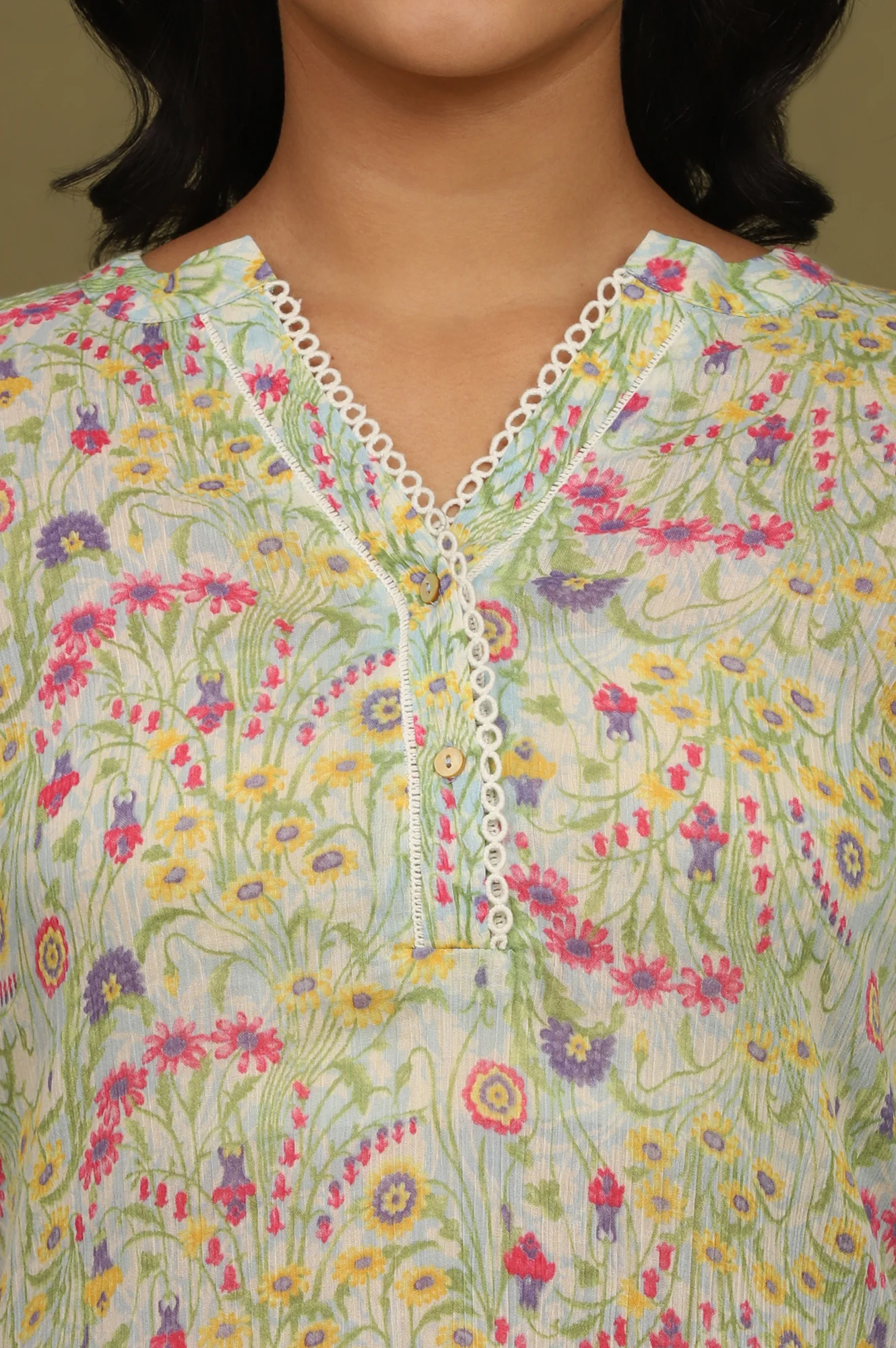 Blue Floral Printed Cotton Crepe Tunic with Lace - Image 4
