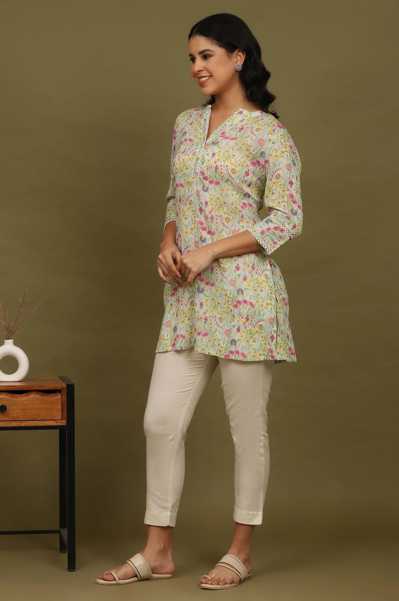 Blue Floral Printed Cotton Crepe Tunic with Lace - Image 5