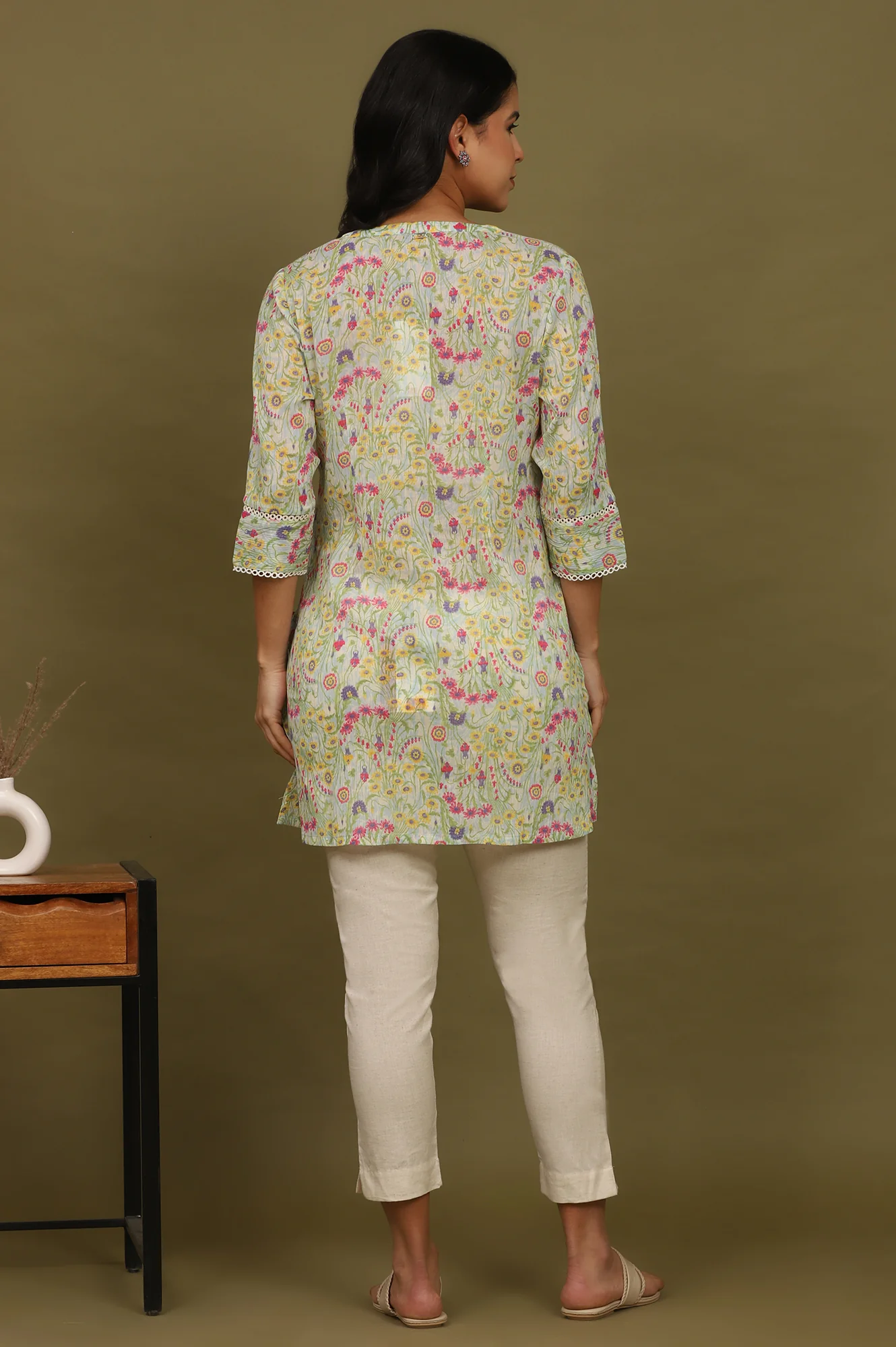 Blue Floral Printed Cotton Crepe Tunic with Lace - Image 6