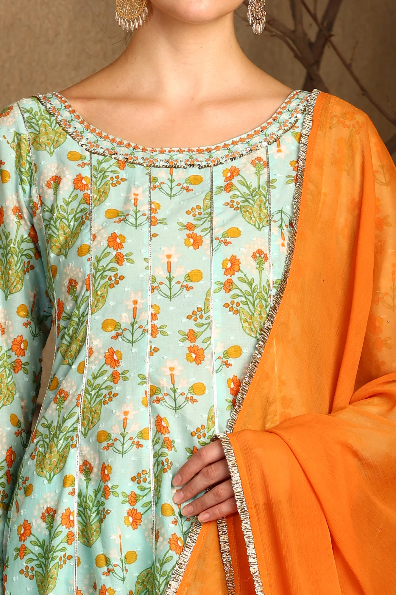 Blue Floral Printed Embellished Panelled Chanderi Kurta, Tights And Dupatta Set - Image 3