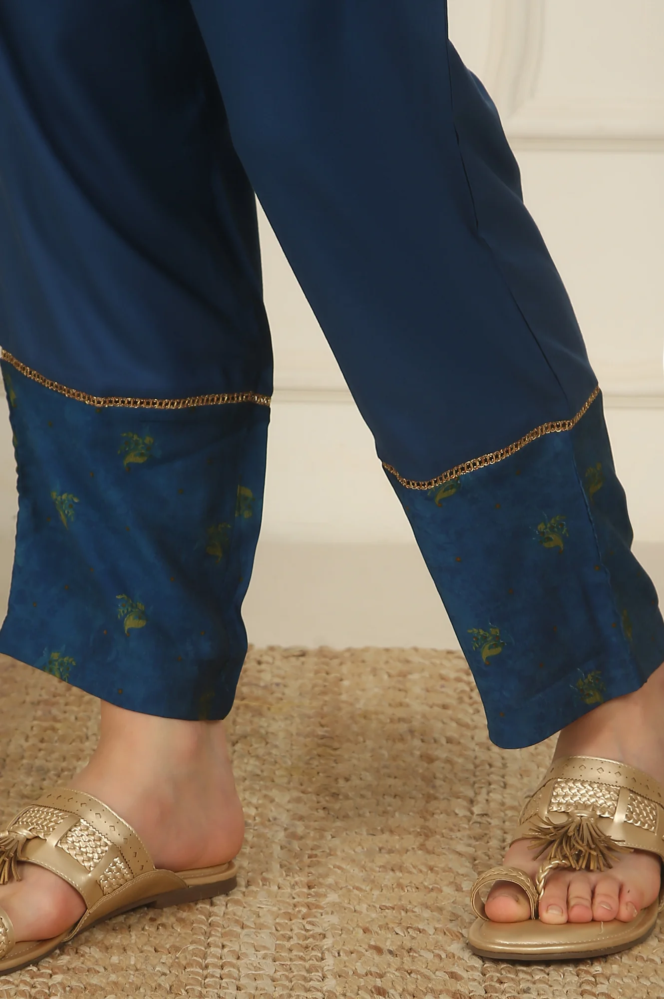 Blue Floral Printed Embroidered Flared Kurta, Pants and Dupatta Set - Image 10