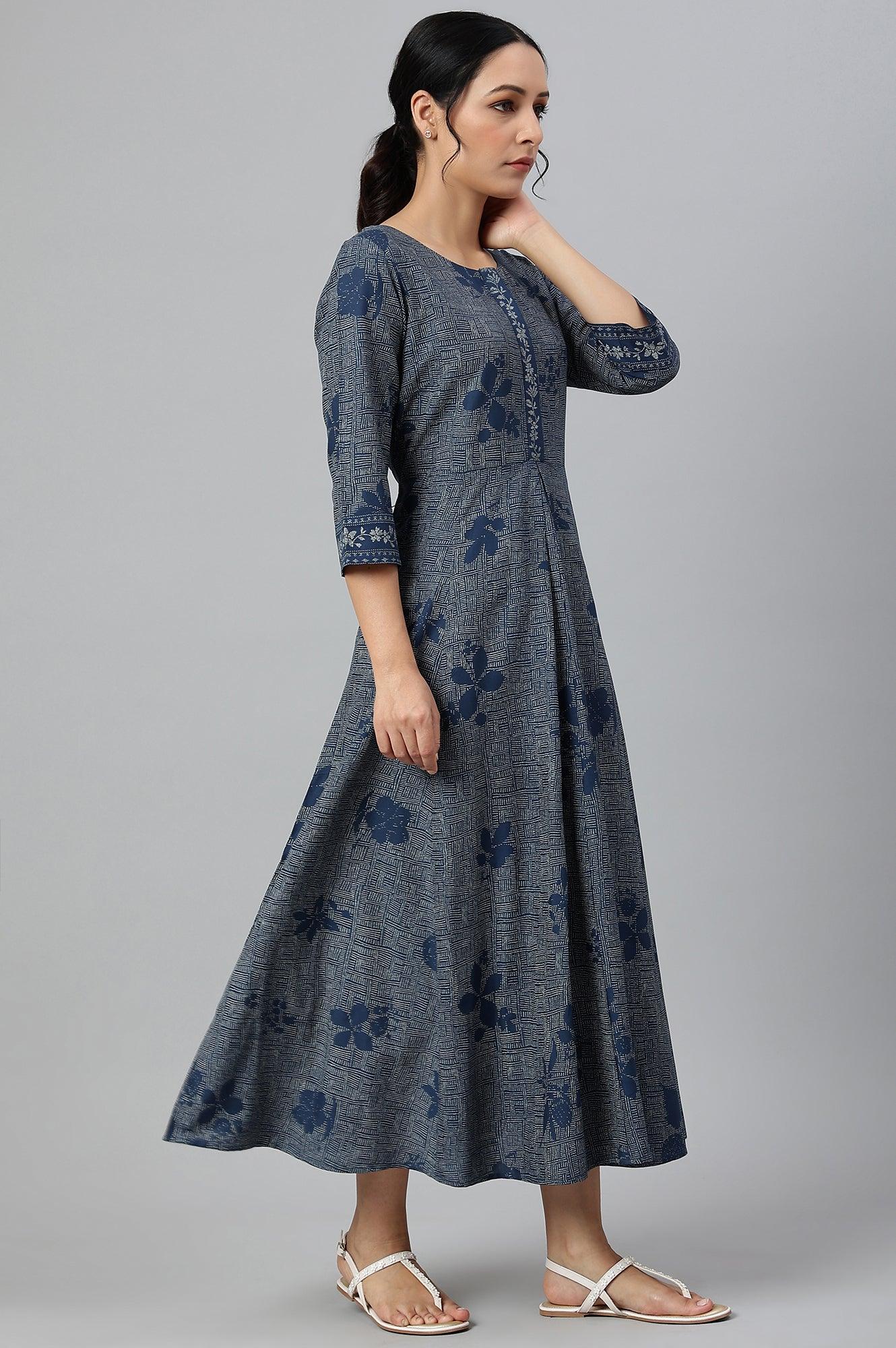 Blue Floral Printed Flared Indie Dress - Image 4