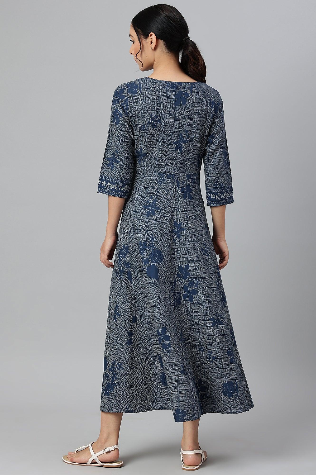 Blue Floral Printed Flared Indie Dress - Image 5