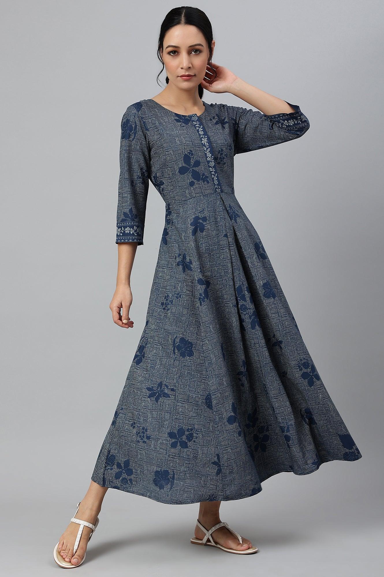 Blue Floral Printed Flared Indie Dress - Image 6