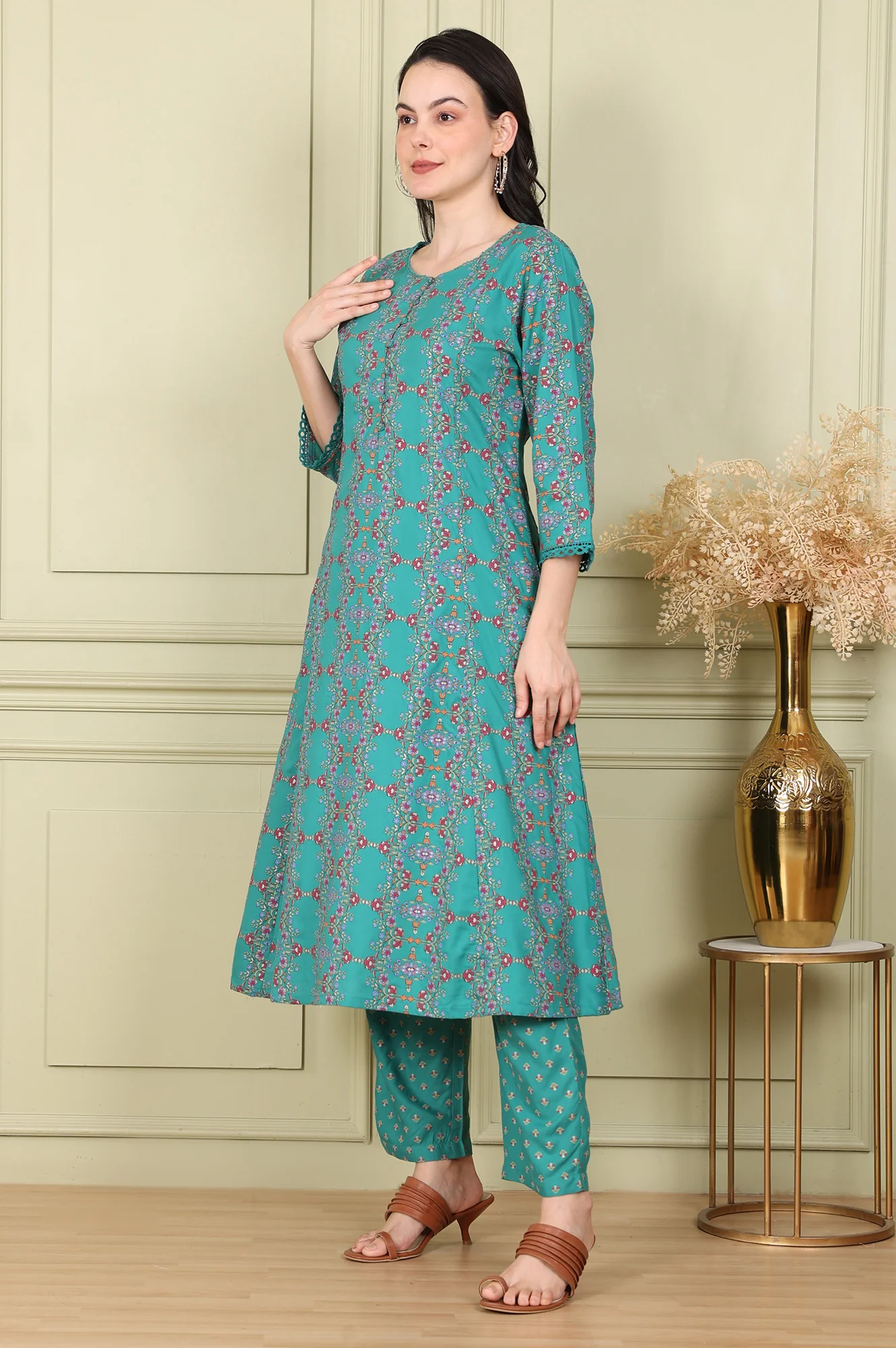 Blue Floral Printed Flared Rayon Kurta And Straight Pants Set - Image 6