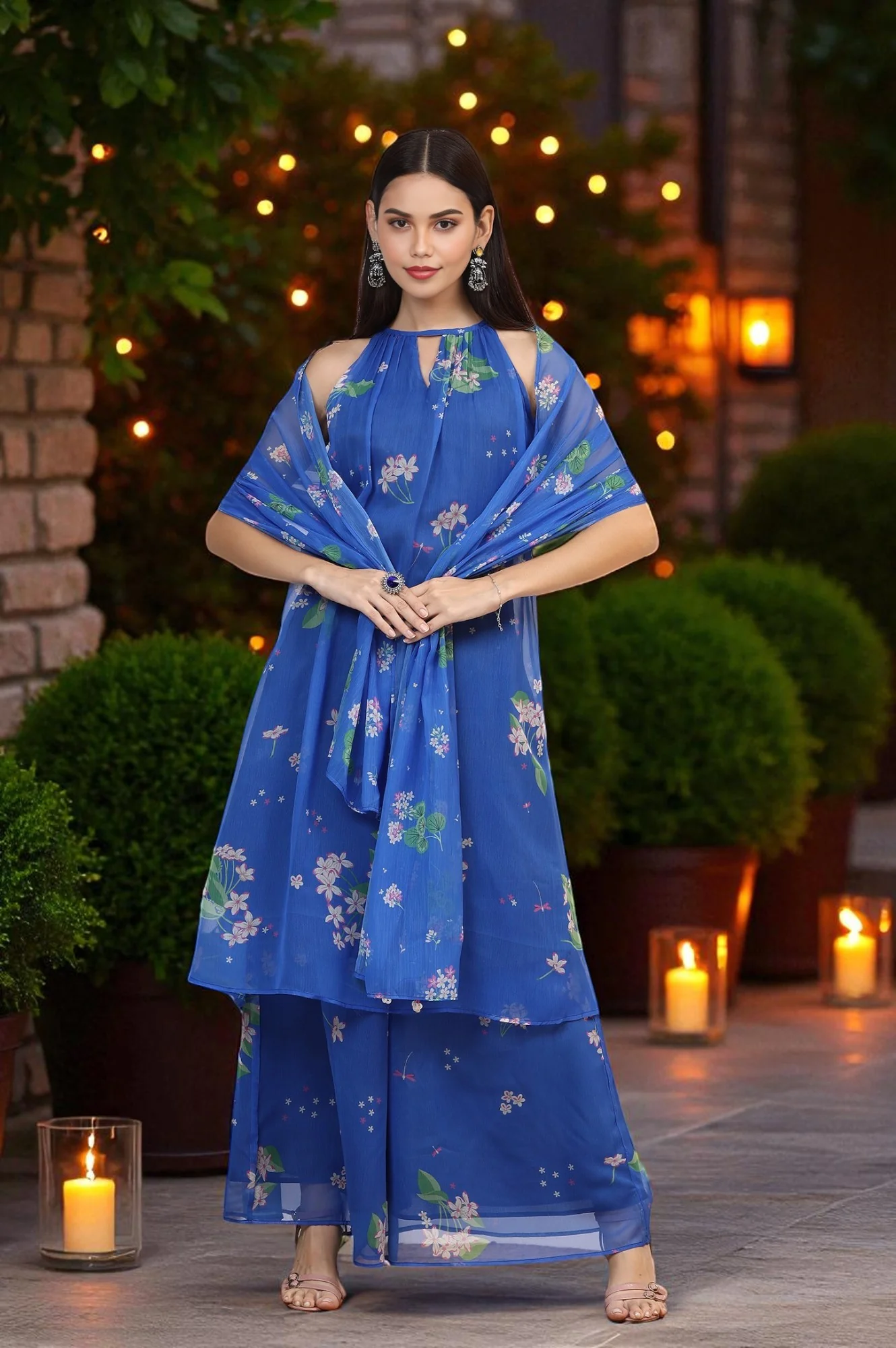 Blue Floral Printed Halter Neck Chiffon Kurta with Flared Pants and Dupatta Set - Image 2