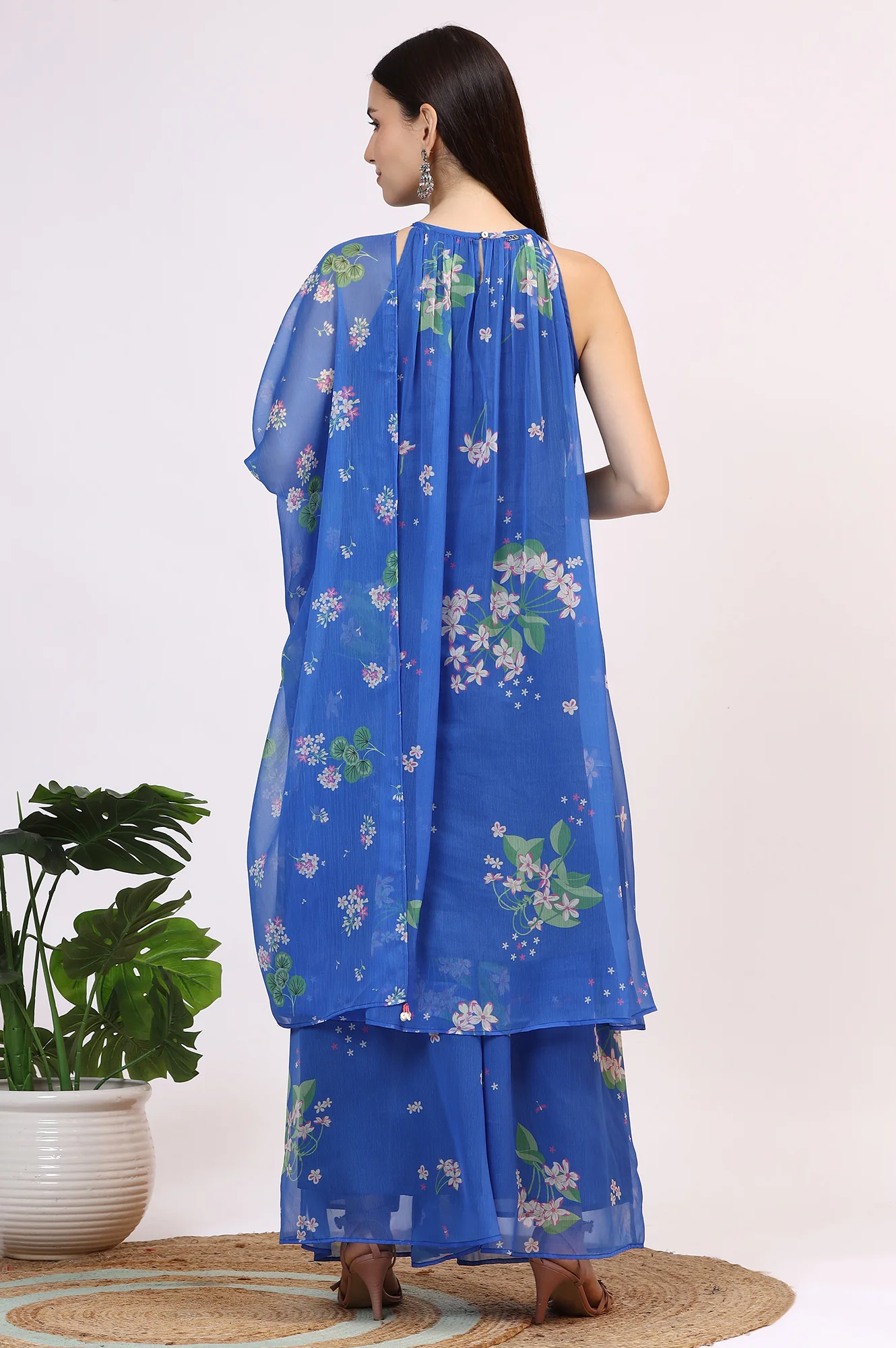 Blue Floral Printed Halter Neck Chiffon Kurta with Flared Pants and Dupatta Set - Image 8
