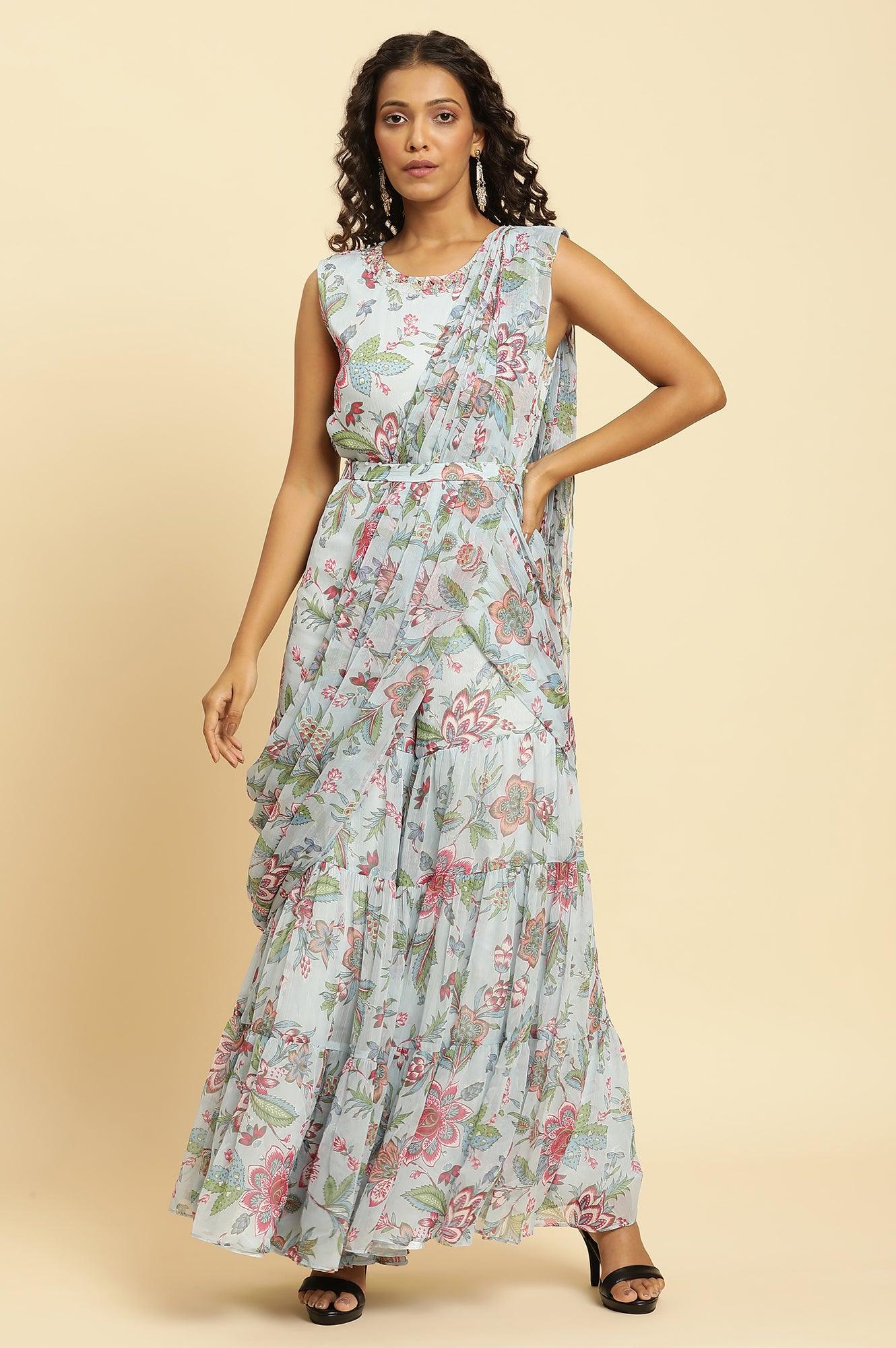 Blue Floral Printed Rayon Wide-Leg Jumpsuit - Image 3