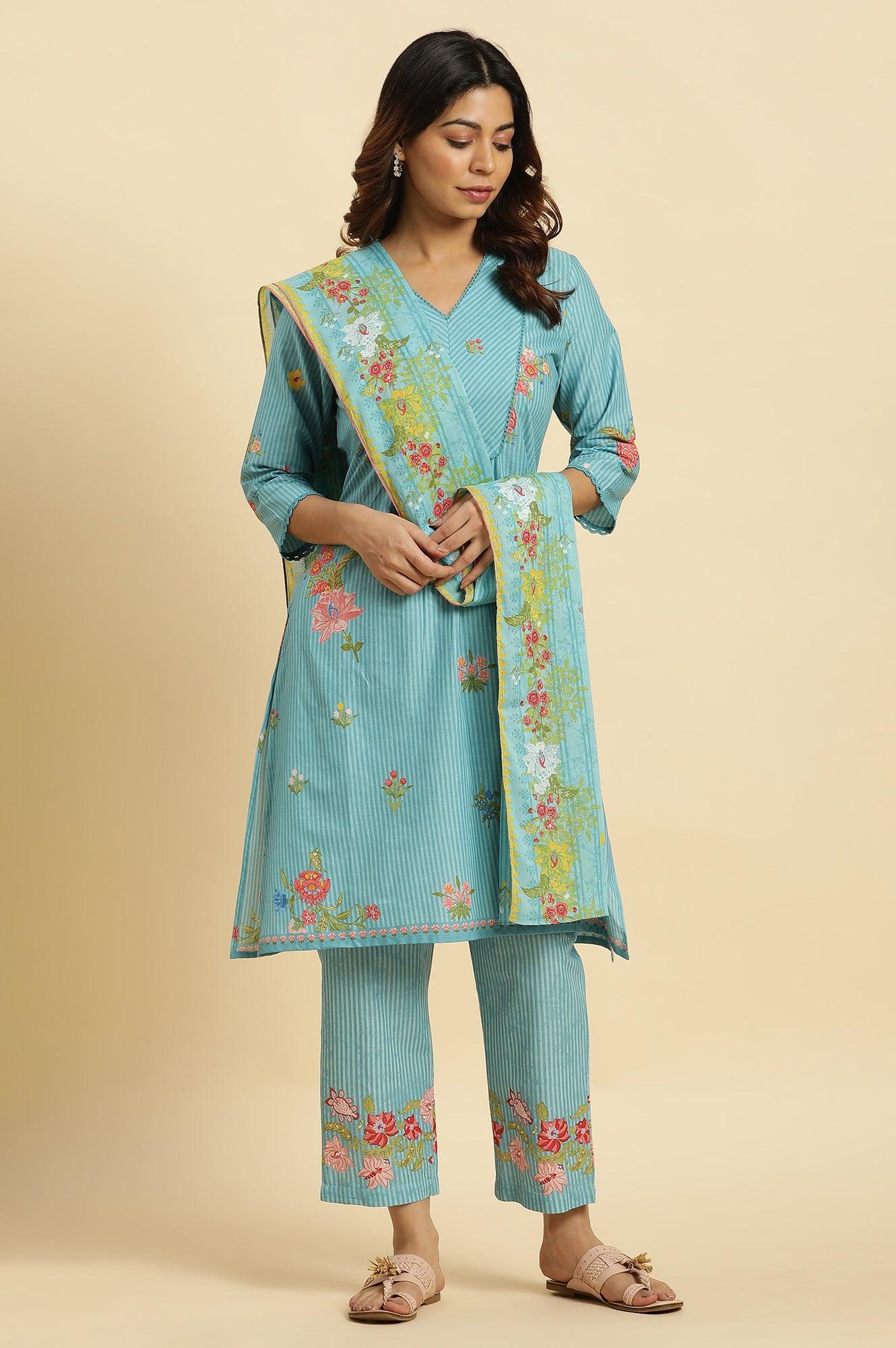 Blue Floral Printed Kurta, Pants And Dupatta Set - Image 2