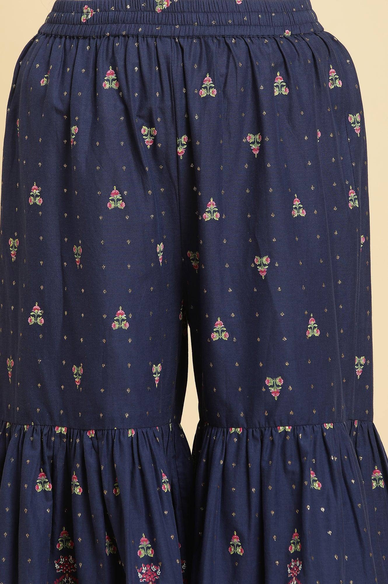 Blue Floral Printed Kurta, Sharara And Dupatta Set - Image 10