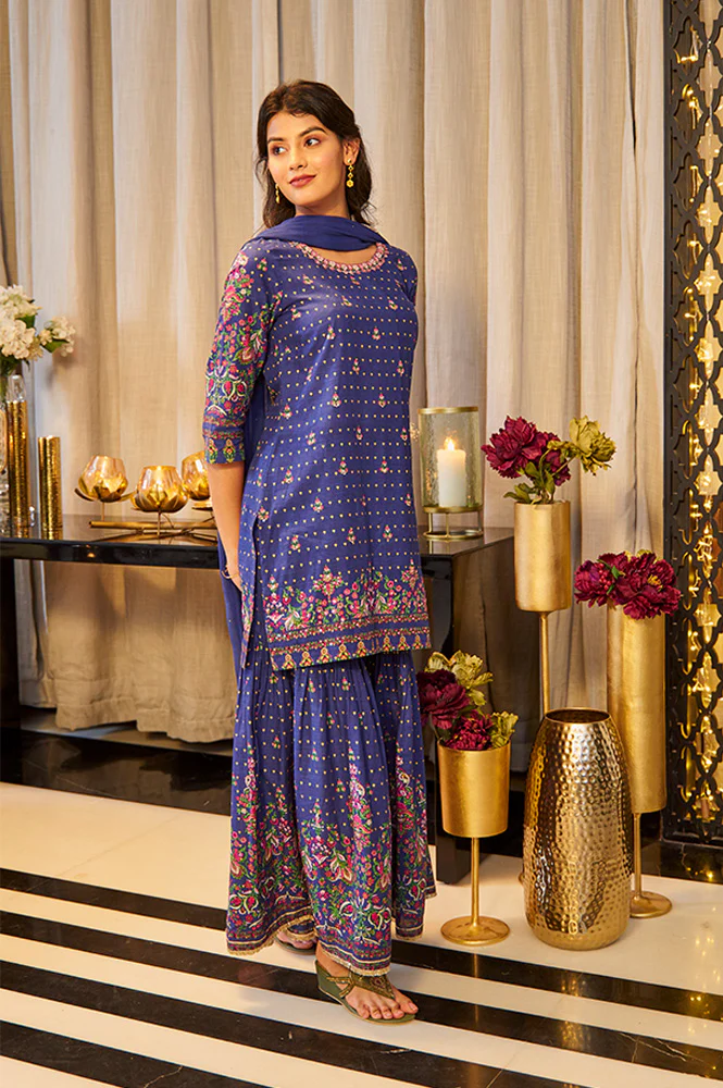Blue Floral Printed Kurta, Sharara And Dupatta Set - Image 2