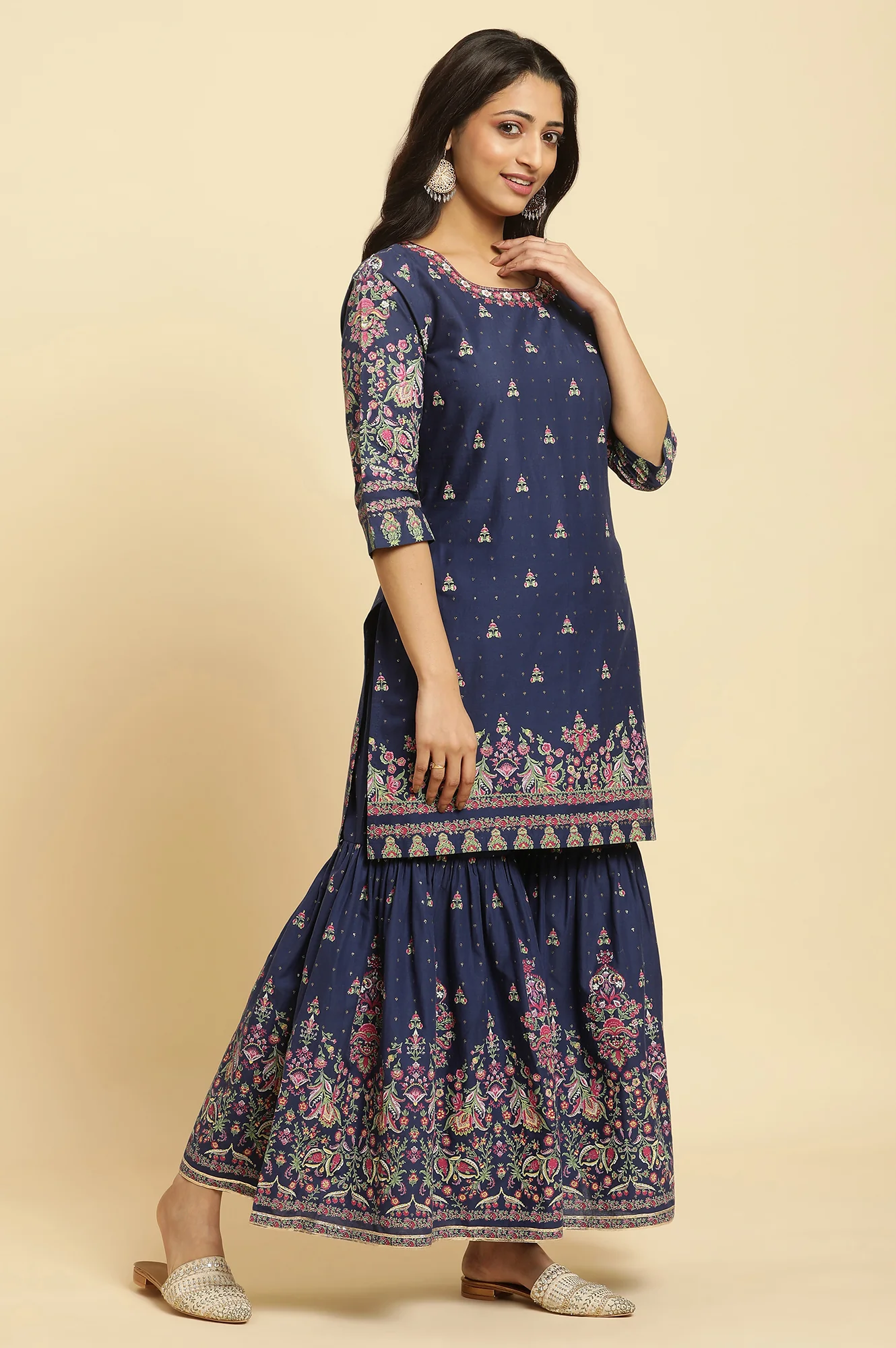 Blue Floral Printed Kurta, Sharara And Dupatta Set - Image 5
