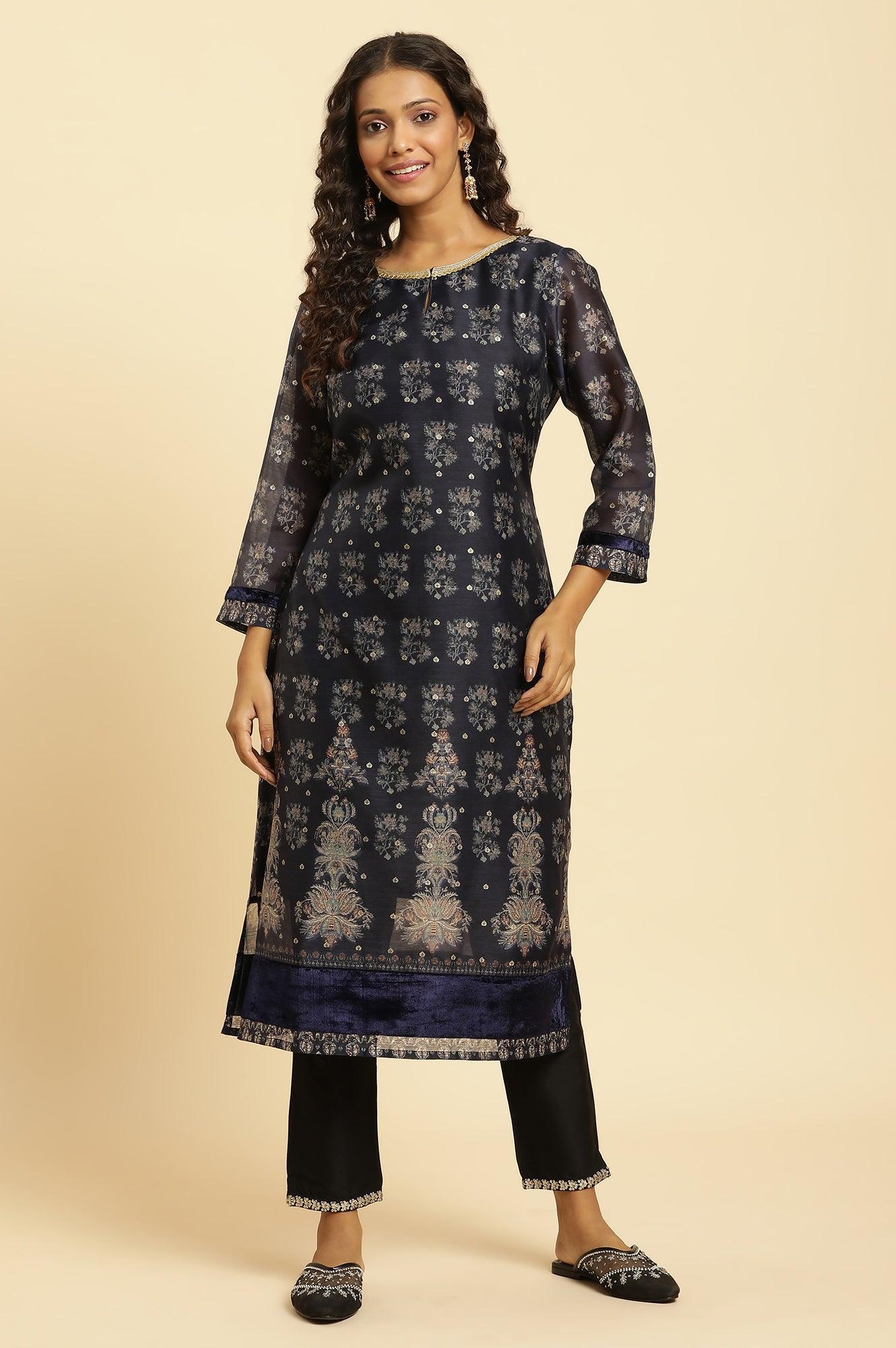 Blue Floral Printed Kurta With Metallic Embroidery - Image 2