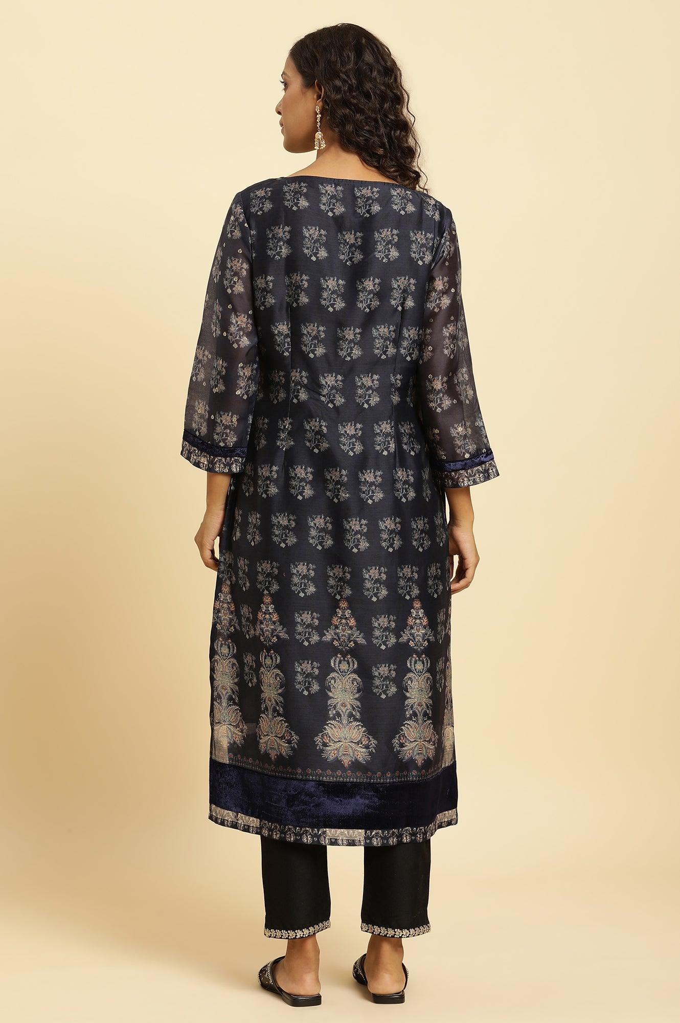 Blue Floral Printed Kurta With Metallic Embroidery - Image 4