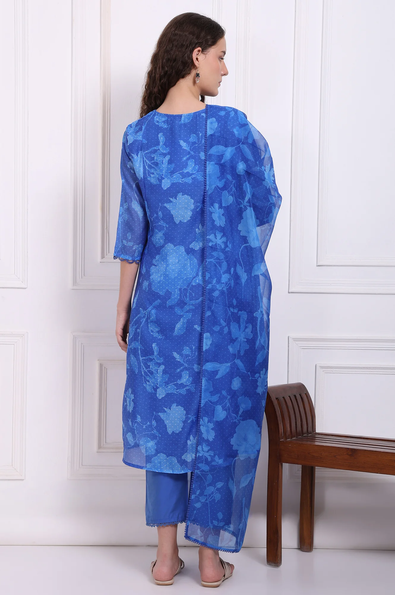 Blue Floral Printed Lace Flared Kurta, Pants and Dupatta Set - Image 5