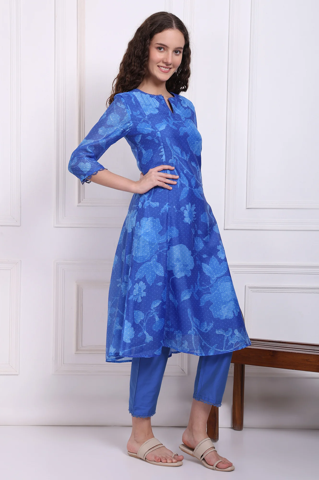 Blue Floral Printed Lace Flared Kurta, Pants and Dupatta Set - Image 6