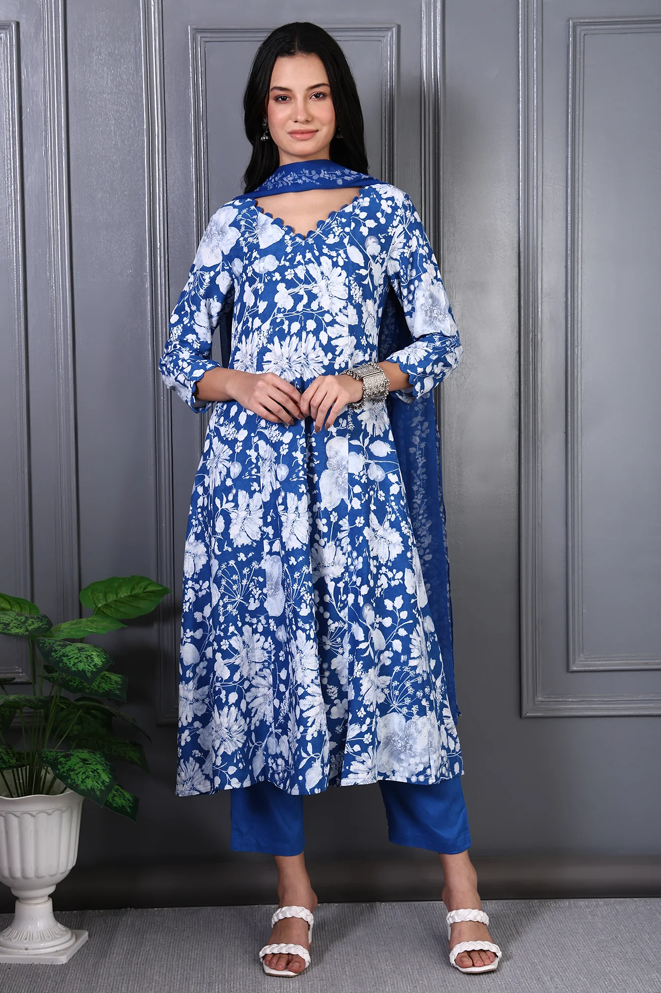 Blue Floral Printed Lace Rayon Flared Kurta, Pants and Dupatta Set - Image 2