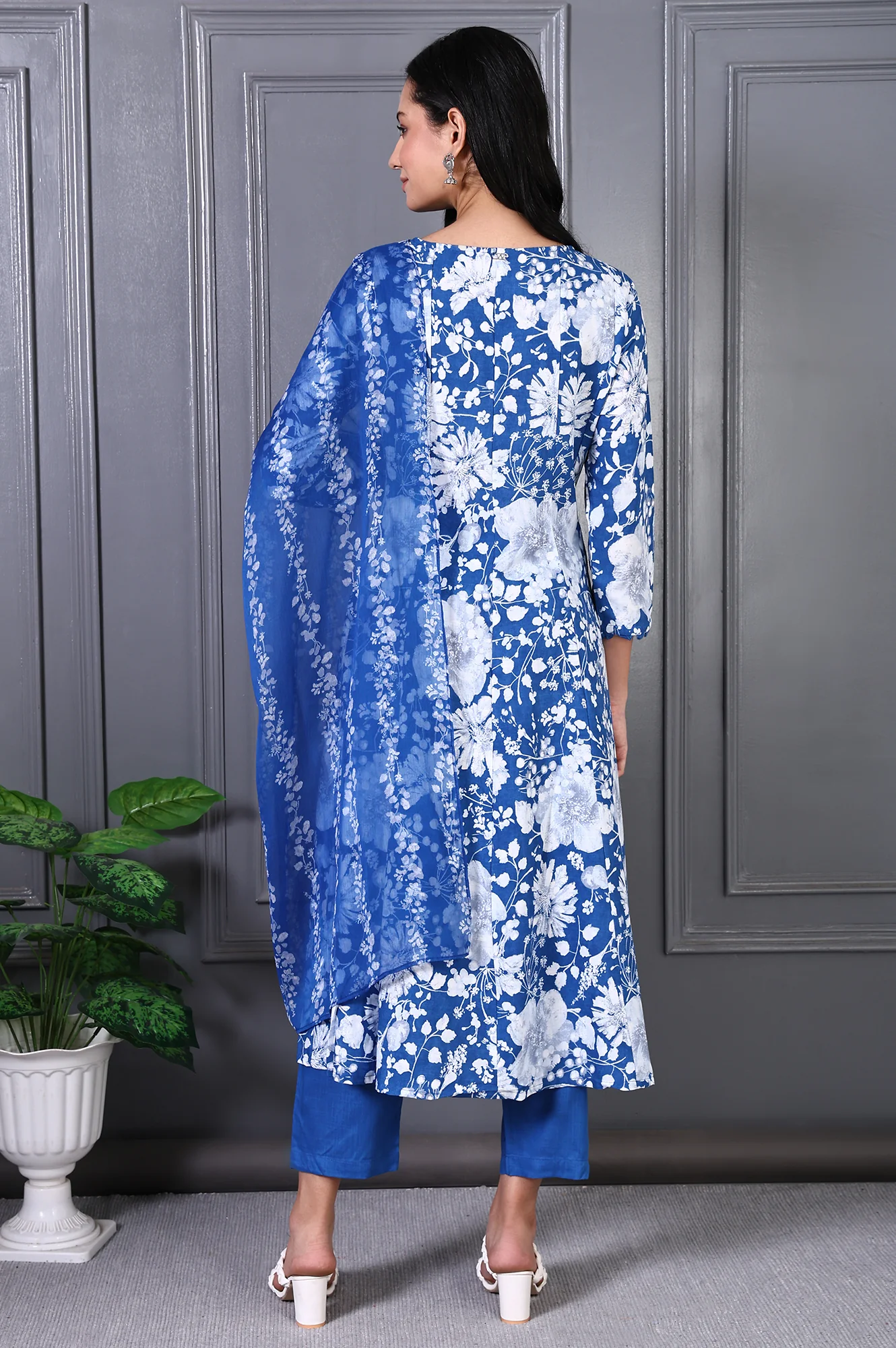Blue Floral Printed Lace Rayon Flared Kurta, Pants and Dupatta Set - Image 5