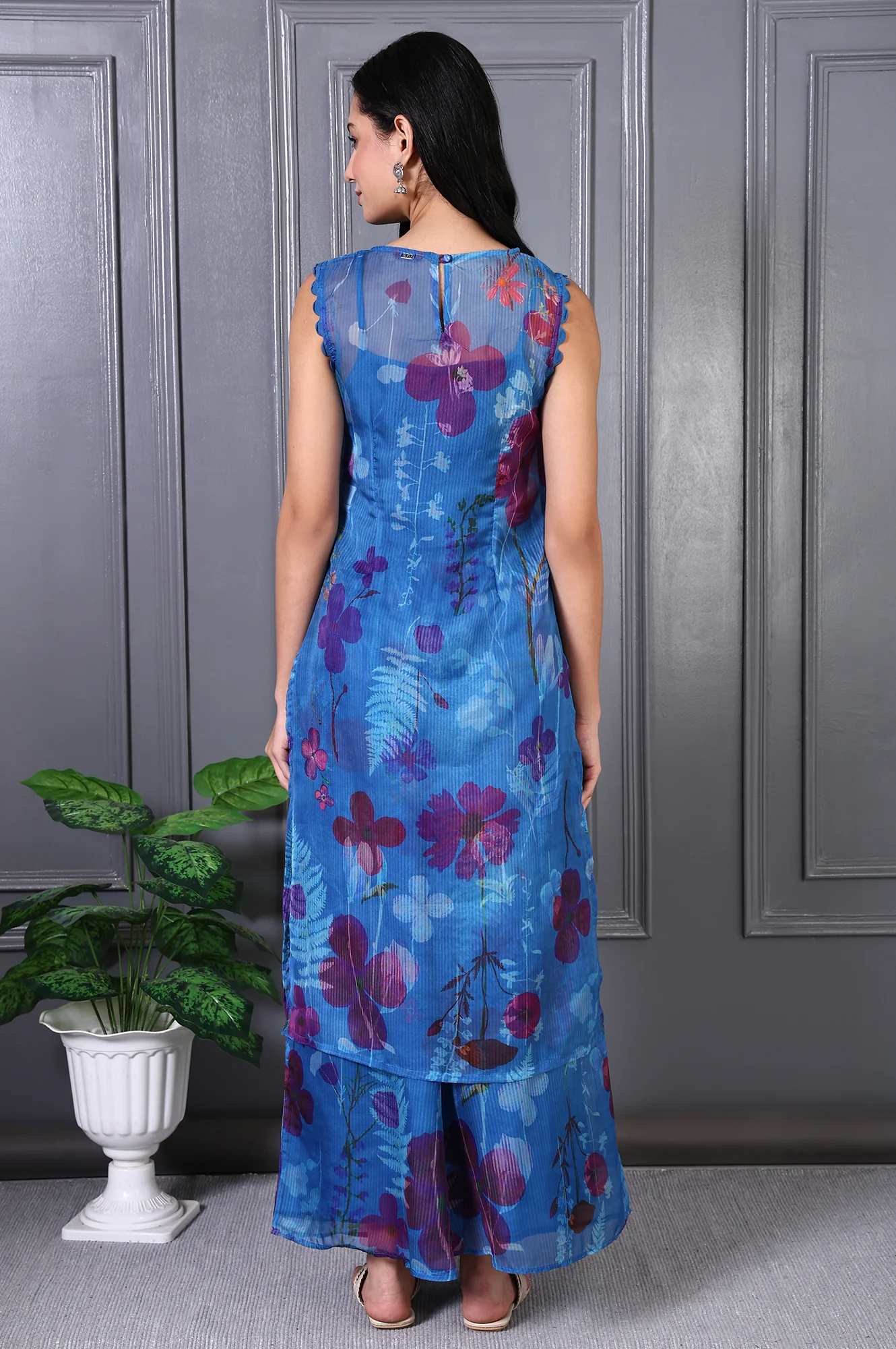 Blue Floral Printed Lace Straight Sheer Kurta, Crop Top and Pants Set - Image 5