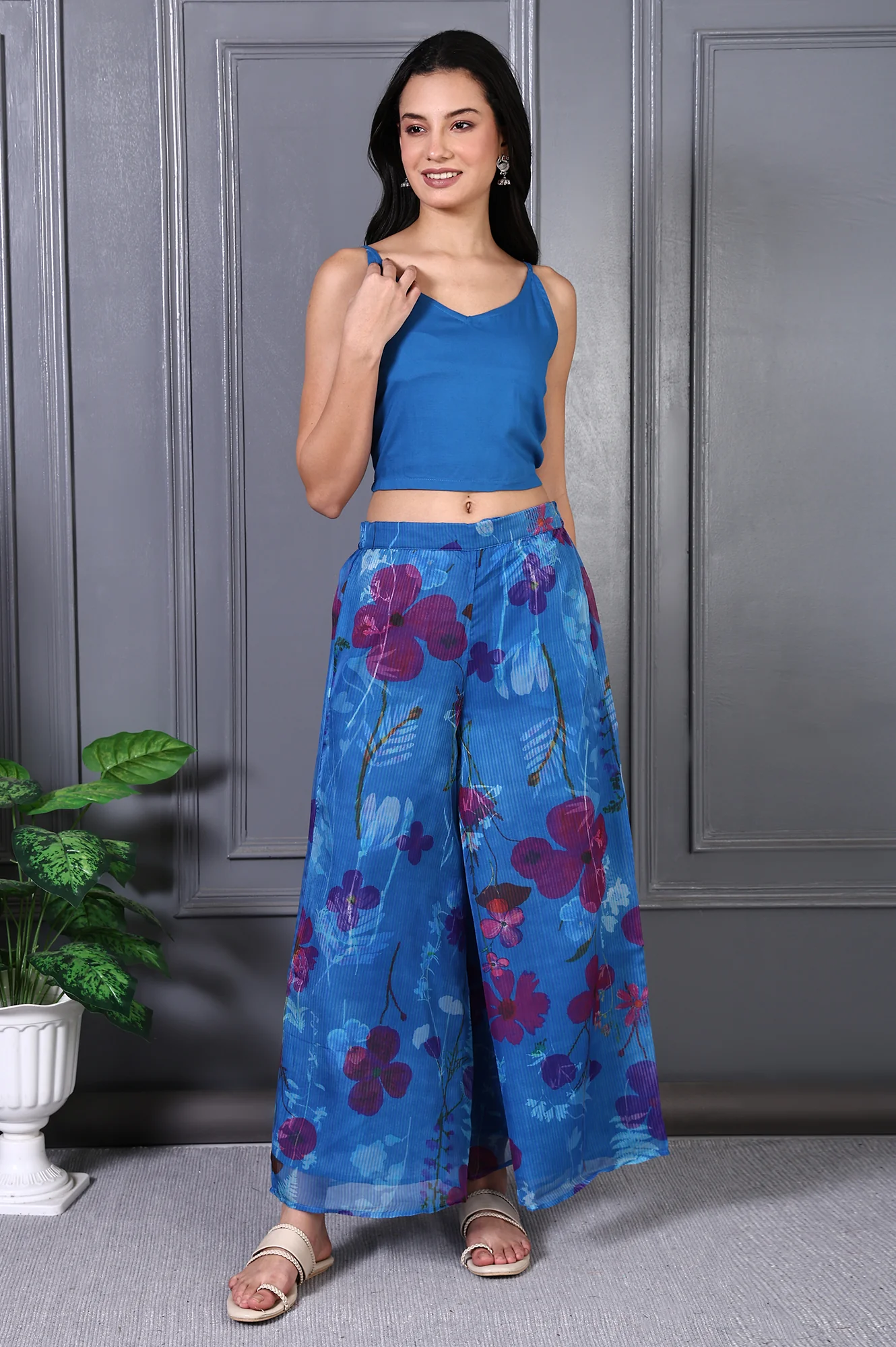 Blue Floral Printed Lace Straight Sheer Kurta, Crop Top and Pants Set - Image 7