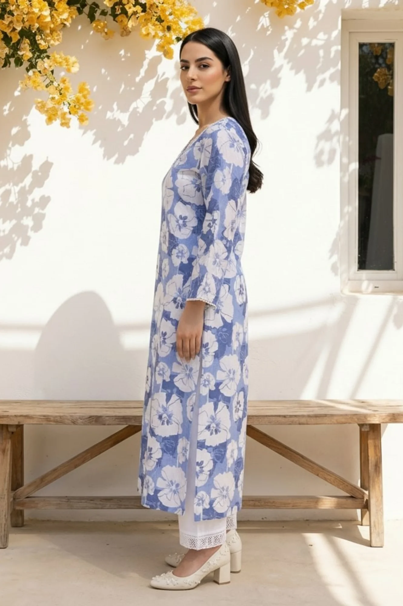 Blue Floral Printed Lace Trim Pure Cotton Straight Kurta - Image 3