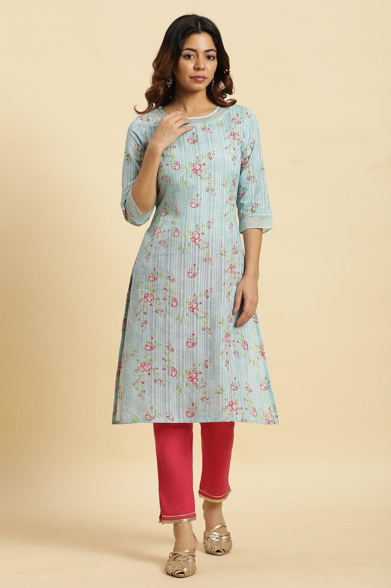 Blue Floral Printed Light Festive Kurta - Image 2