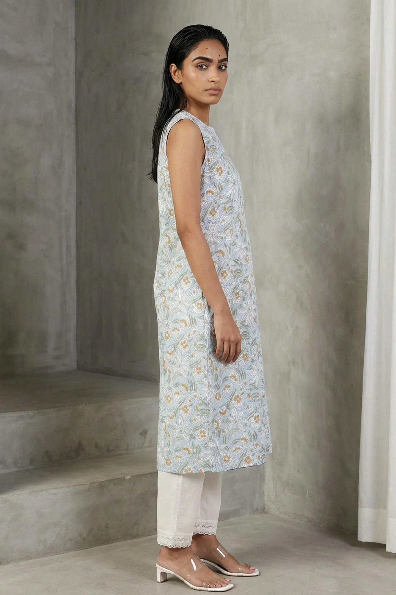 Blue Floral Printed Pure Cotton Straight Kurta - Image 6