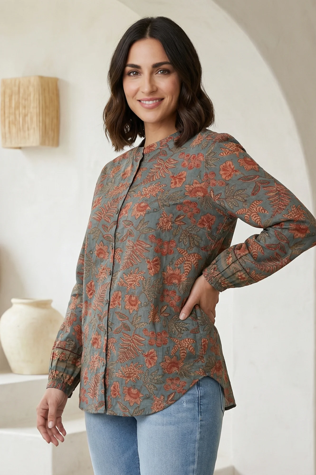 Blue Floral Printed Pure Cotton Straight Top - Image 4