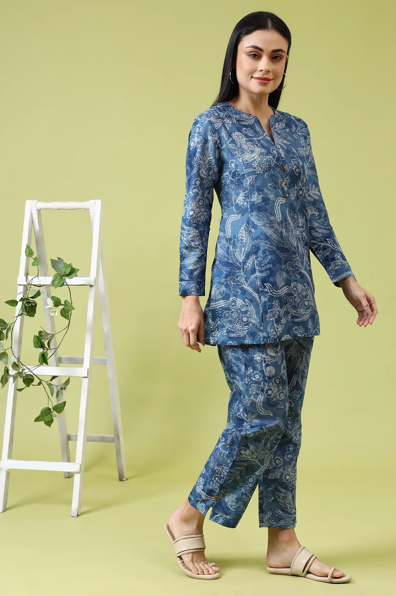 Blue Floral Printed Pure Cotton Tunic and Pants Co-ord Set - Image 2