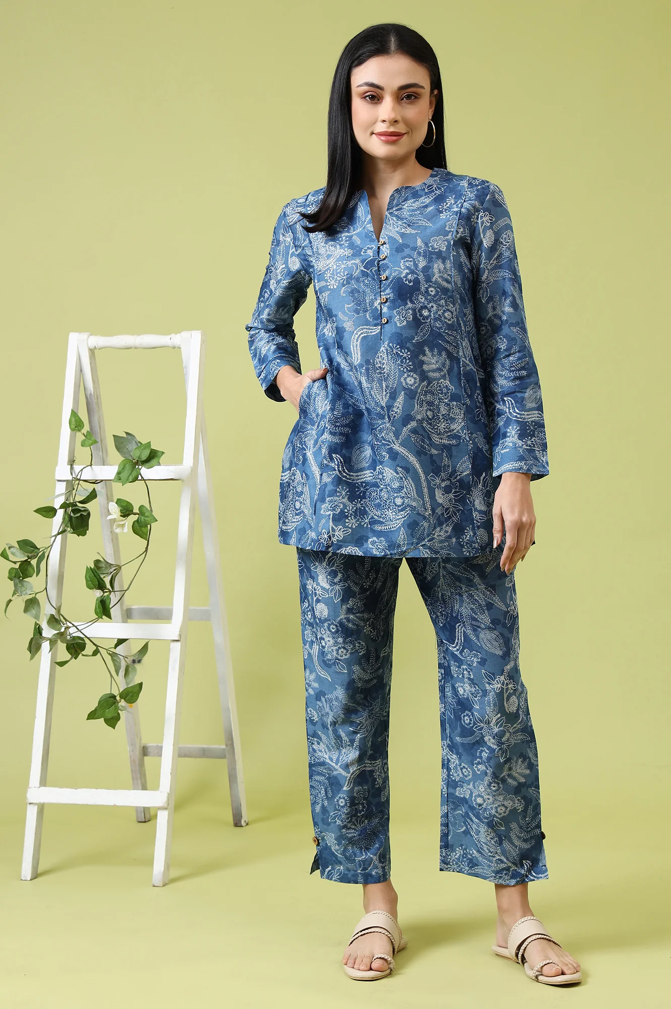 Blue Floral Printed Pure Cotton Tunic and Pants Co-ord Set - Image 8