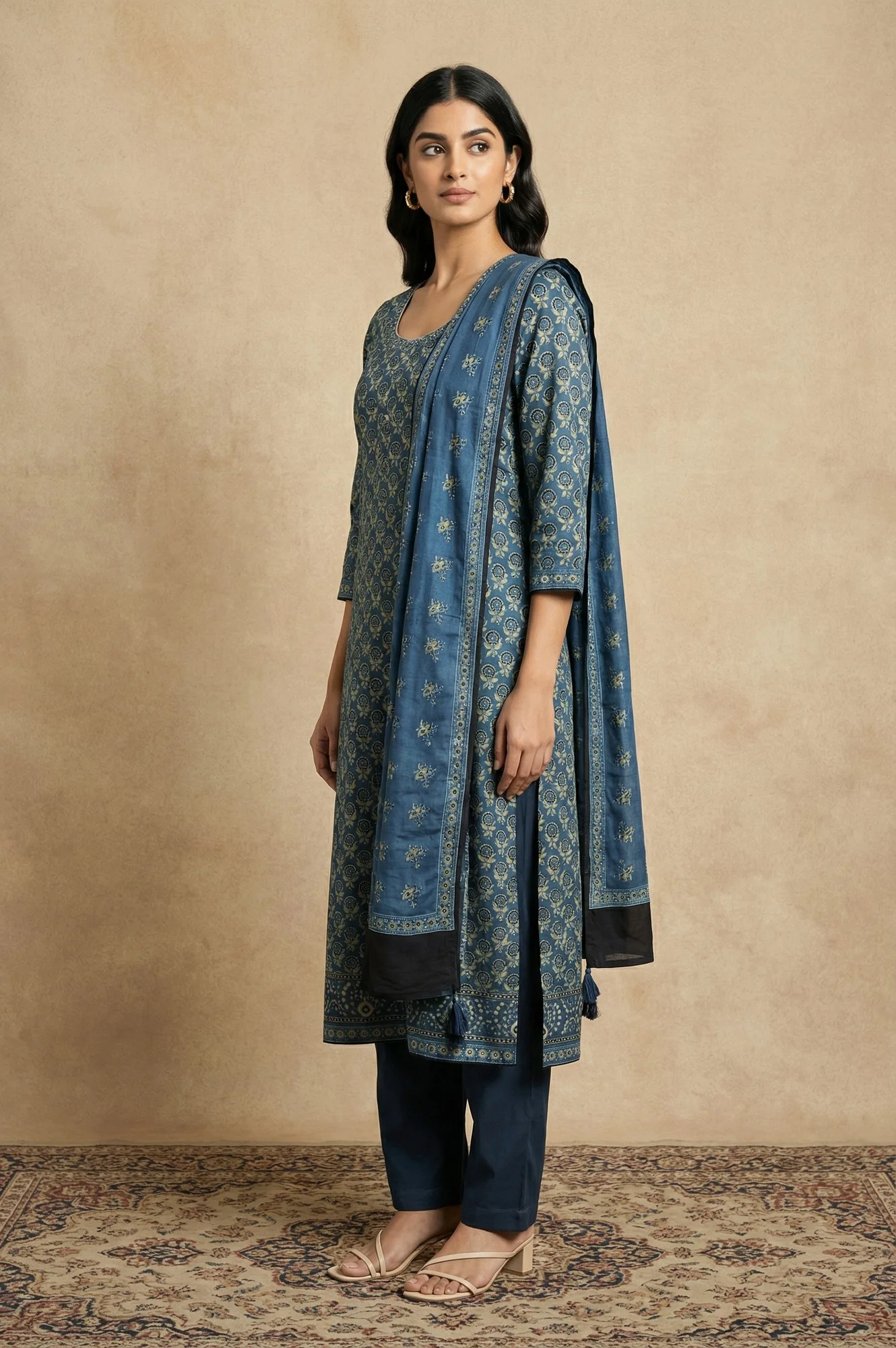 Blue Floral Printed Satin Straight Kurta with Pants and Dupatta Set - Image 4