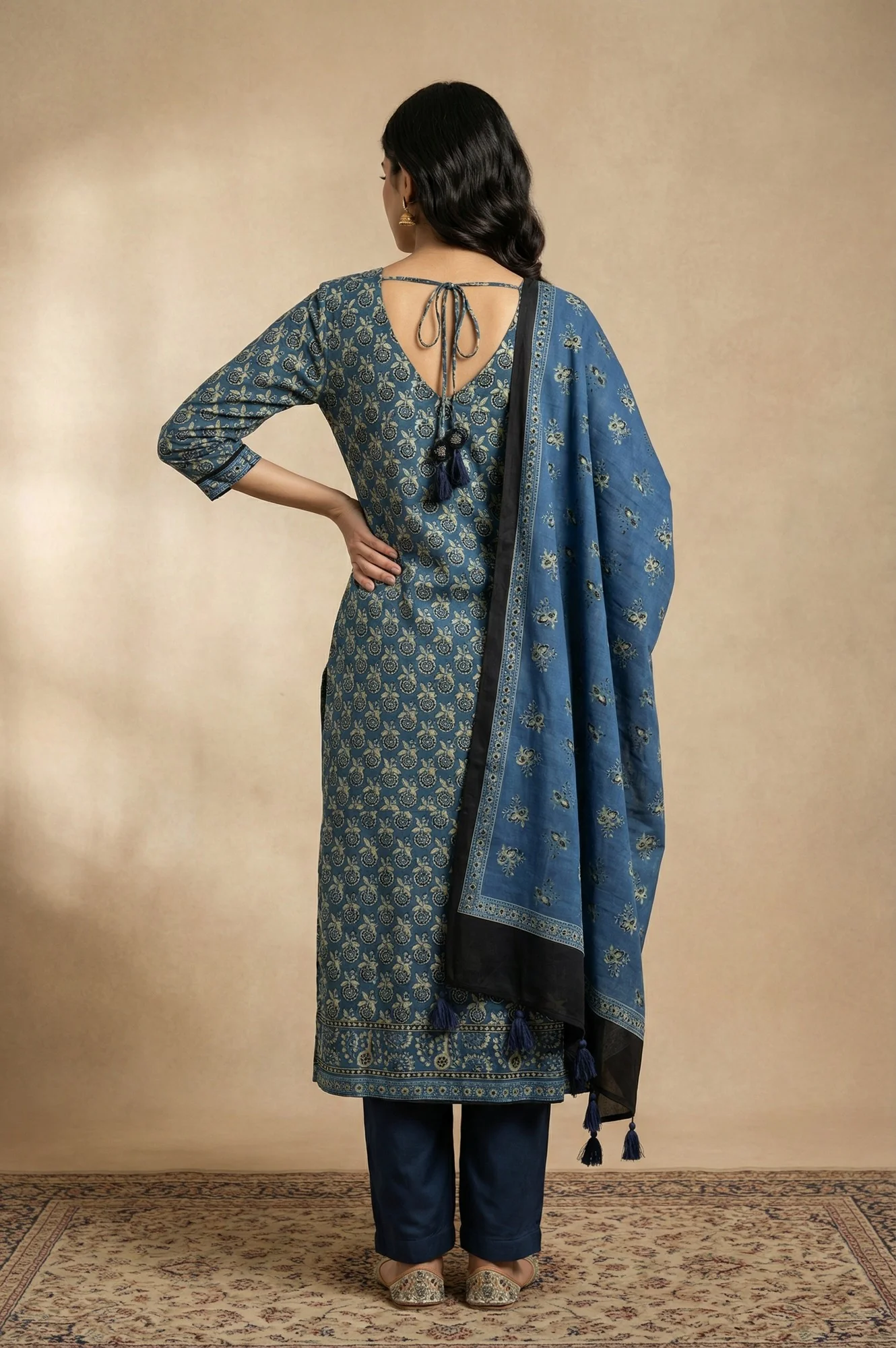 Blue Floral Printed Satin Straight Kurta with Pants and Dupatta Set - Image 5