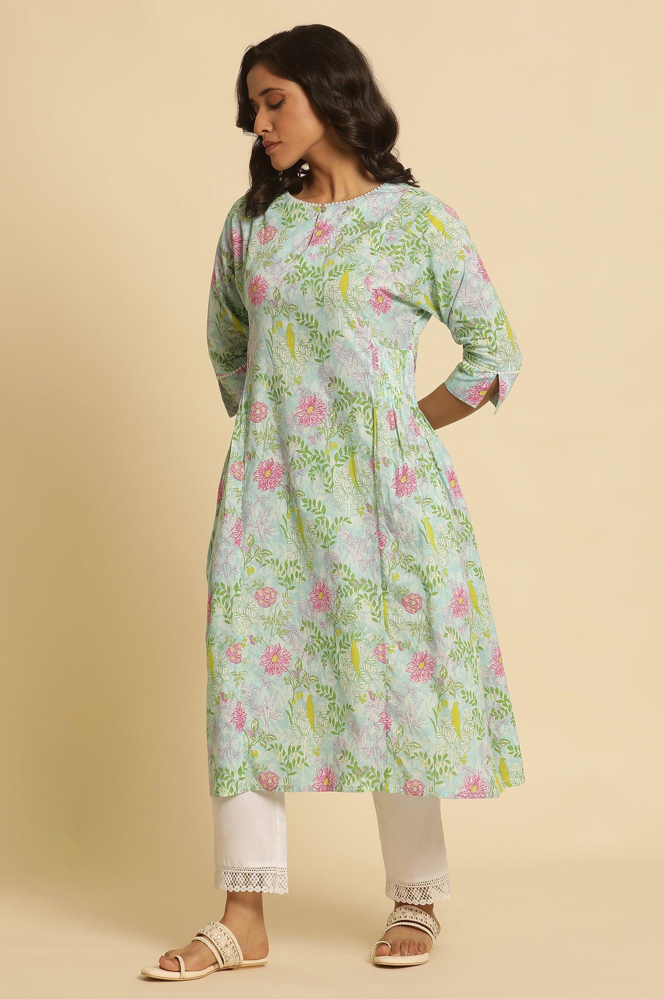 Blue Floral Printed Side Pleated Kurta - Image 3