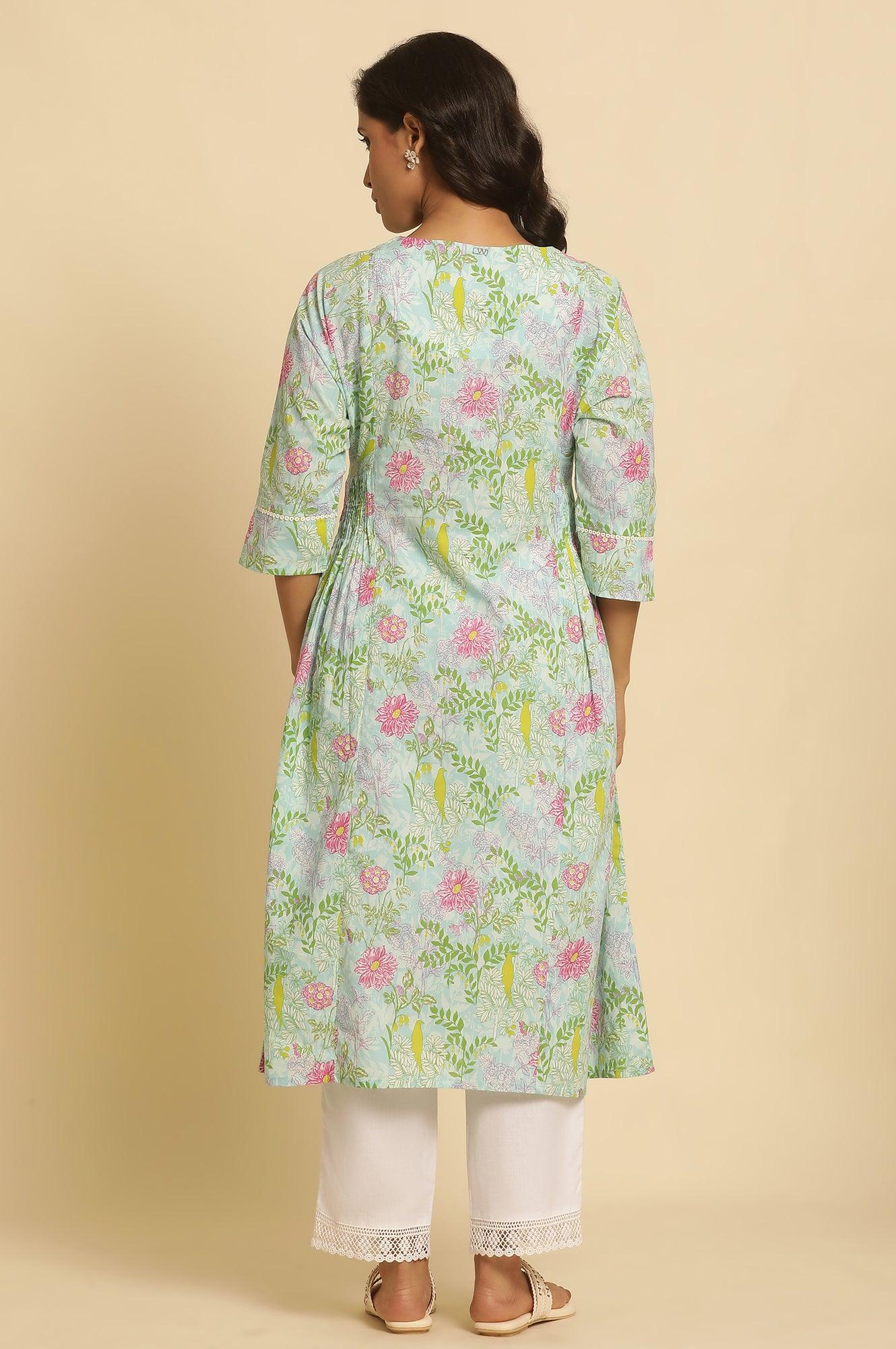 Blue Floral Printed Side Pleated Kurta - Image 4