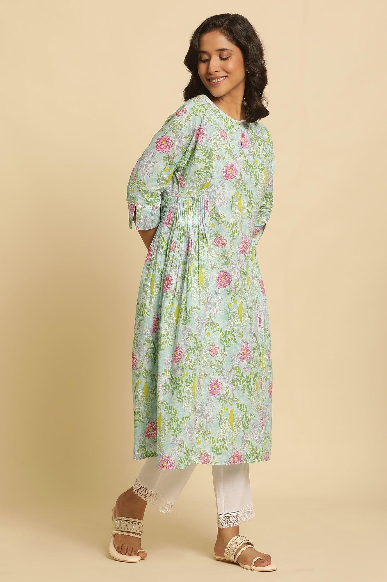 Blue Floral Printed Side Pleated Kurta - Image 5