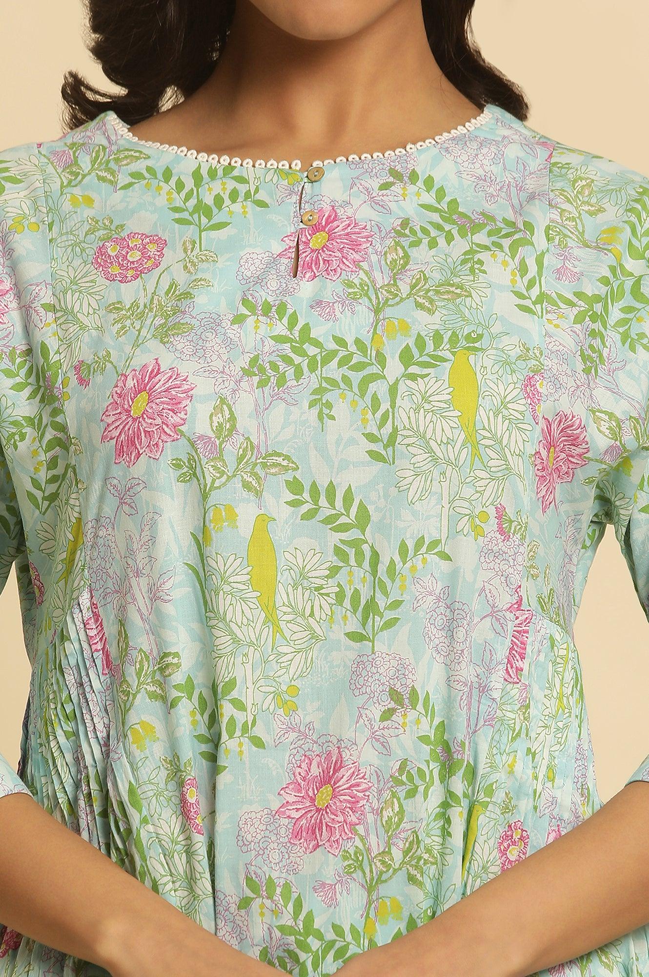 Blue Floral Printed Side Pleated Kurta - Image 6