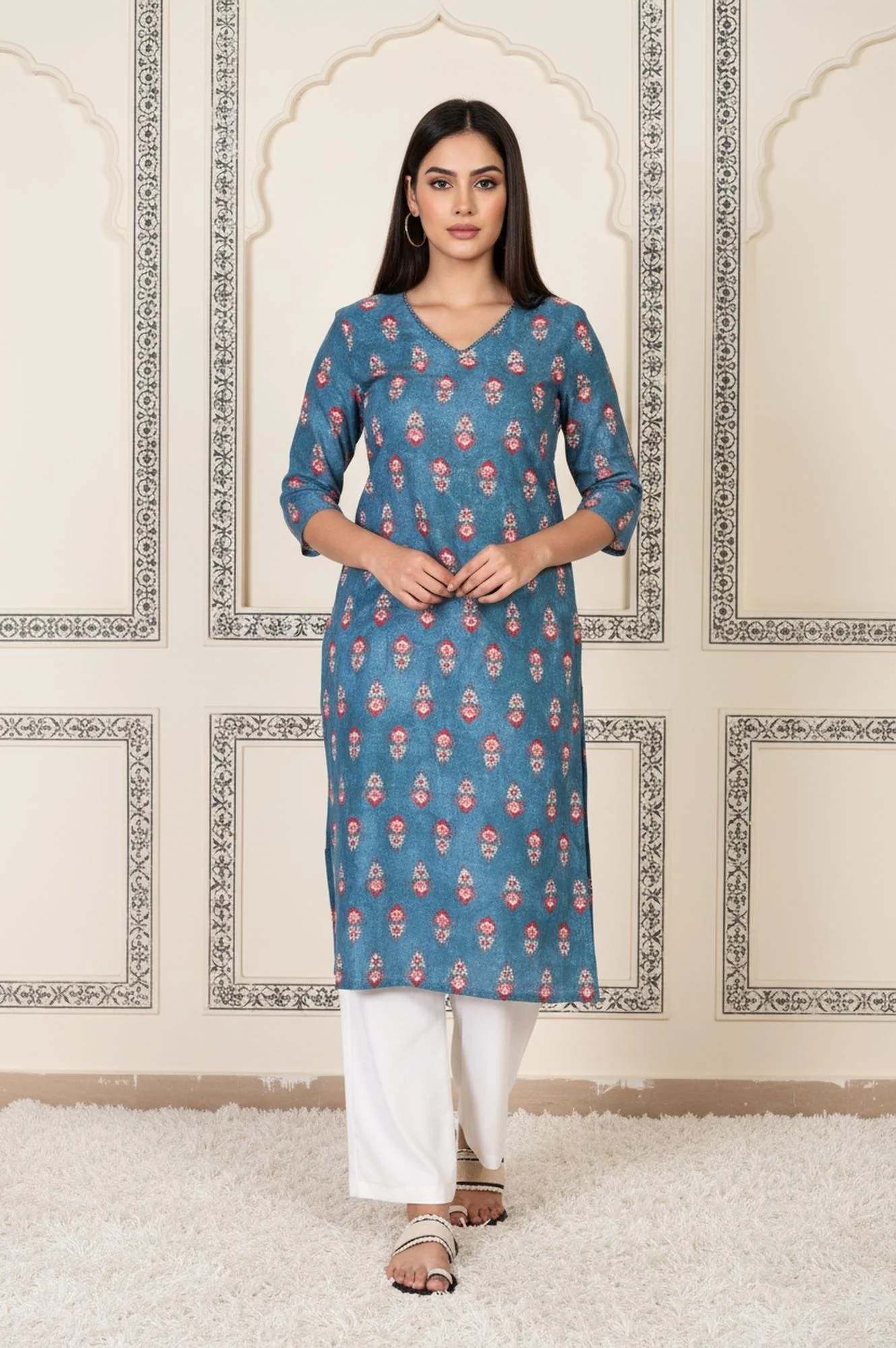 Blue Floral Printed Straight Cotton Kurta - Image 2