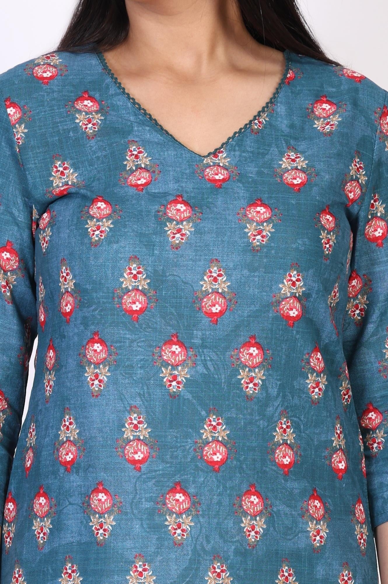 Blue Floral Printed Straight Cotton Kurta - Image 3