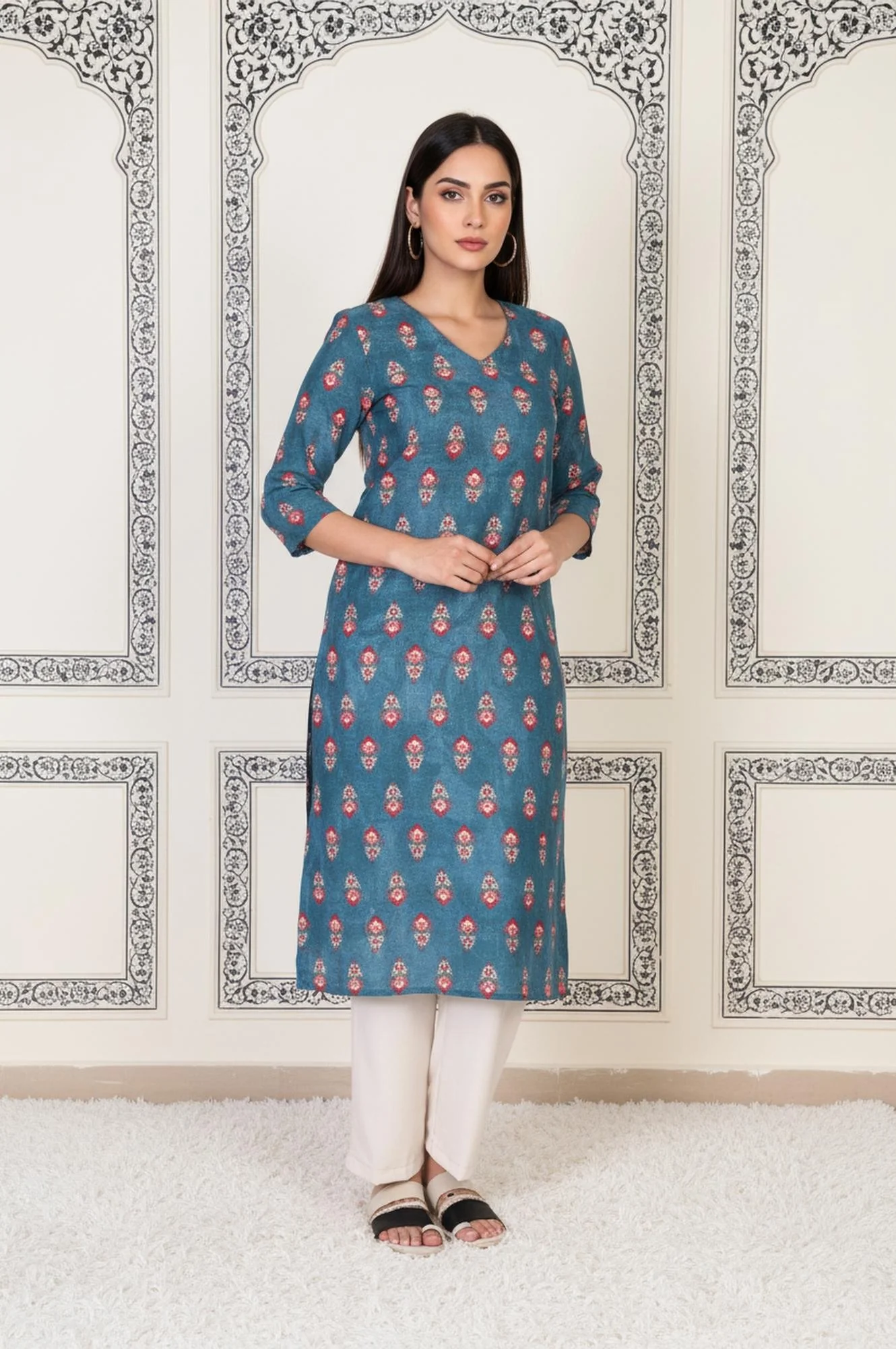 Blue Floral Printed Straight Cotton Kurta - Image 4