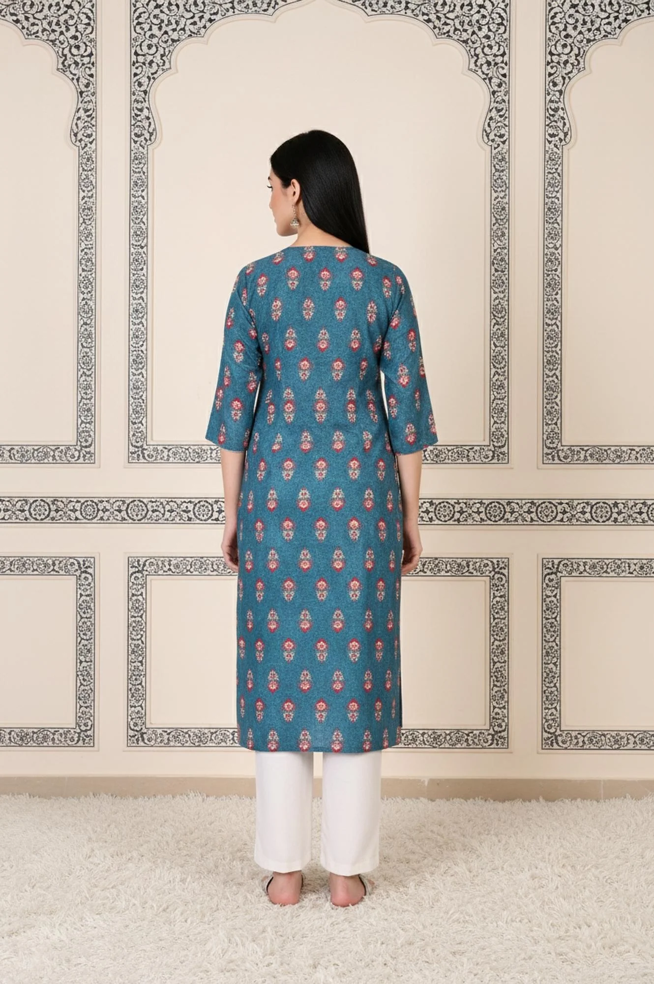 Blue Floral Printed Straight Cotton Kurta - Image 5