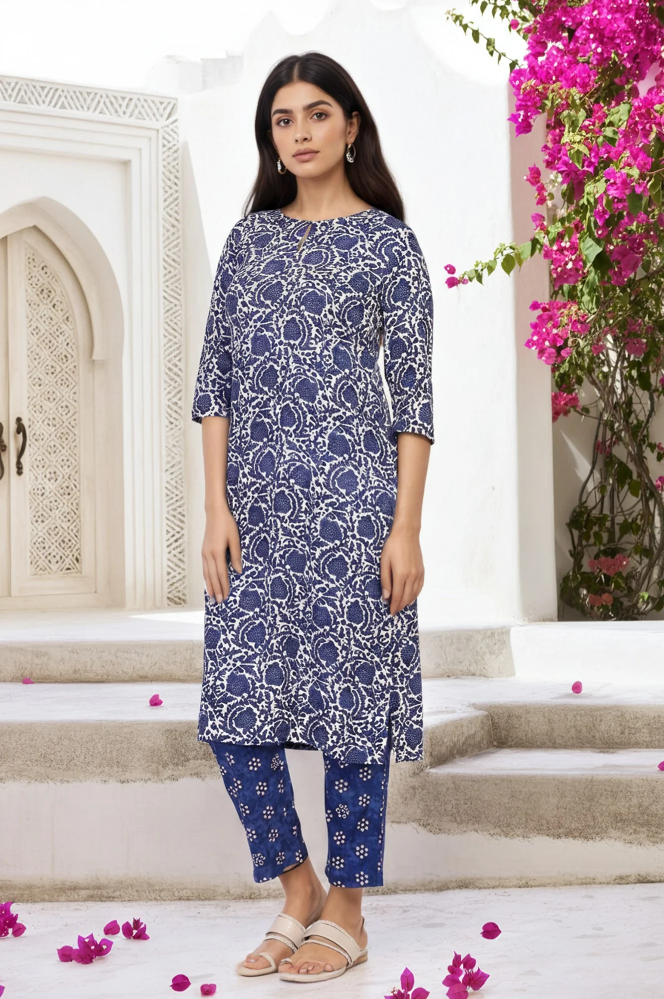Blue Floral Printed Straight Kurta with Straight Pant and Dupatta Set - Image 6