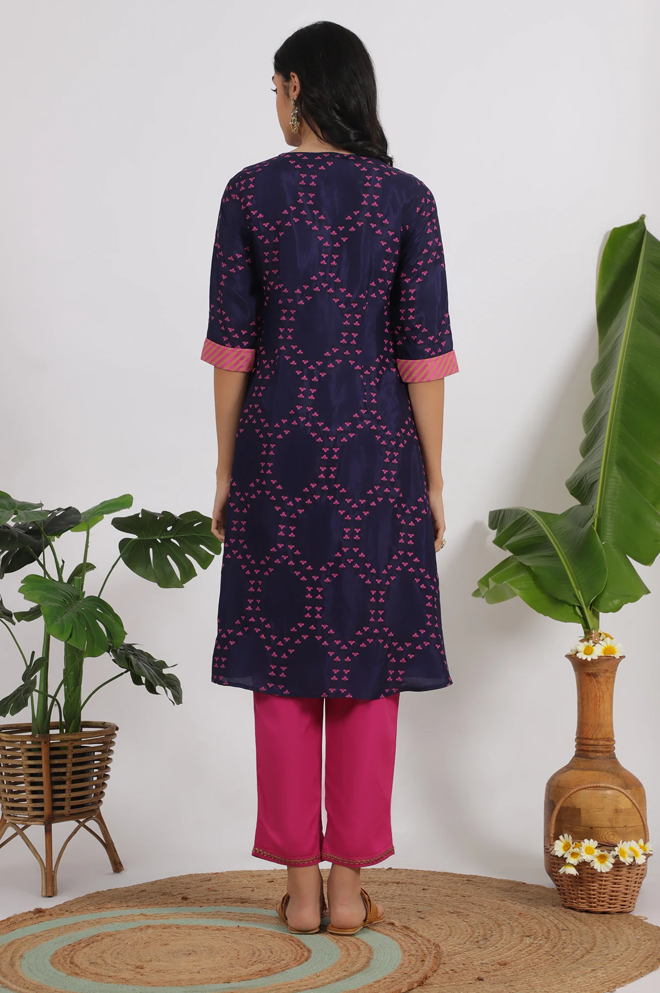 Blue Floral Printed Straight Shantung Kurta and Pants Set - Image 6