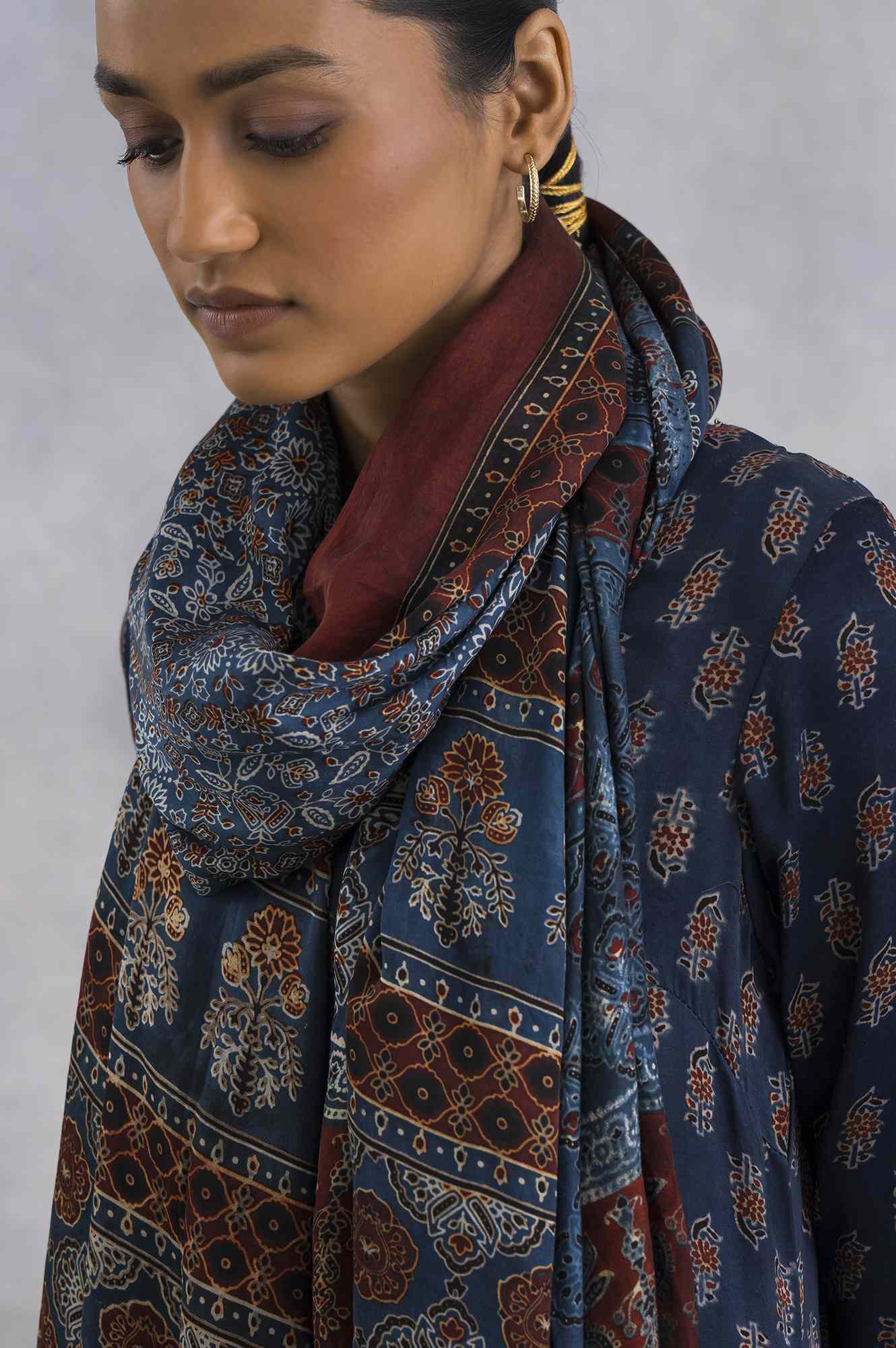 Blue Floral Printed Tassel Modal Satin Dupatta - Image 3