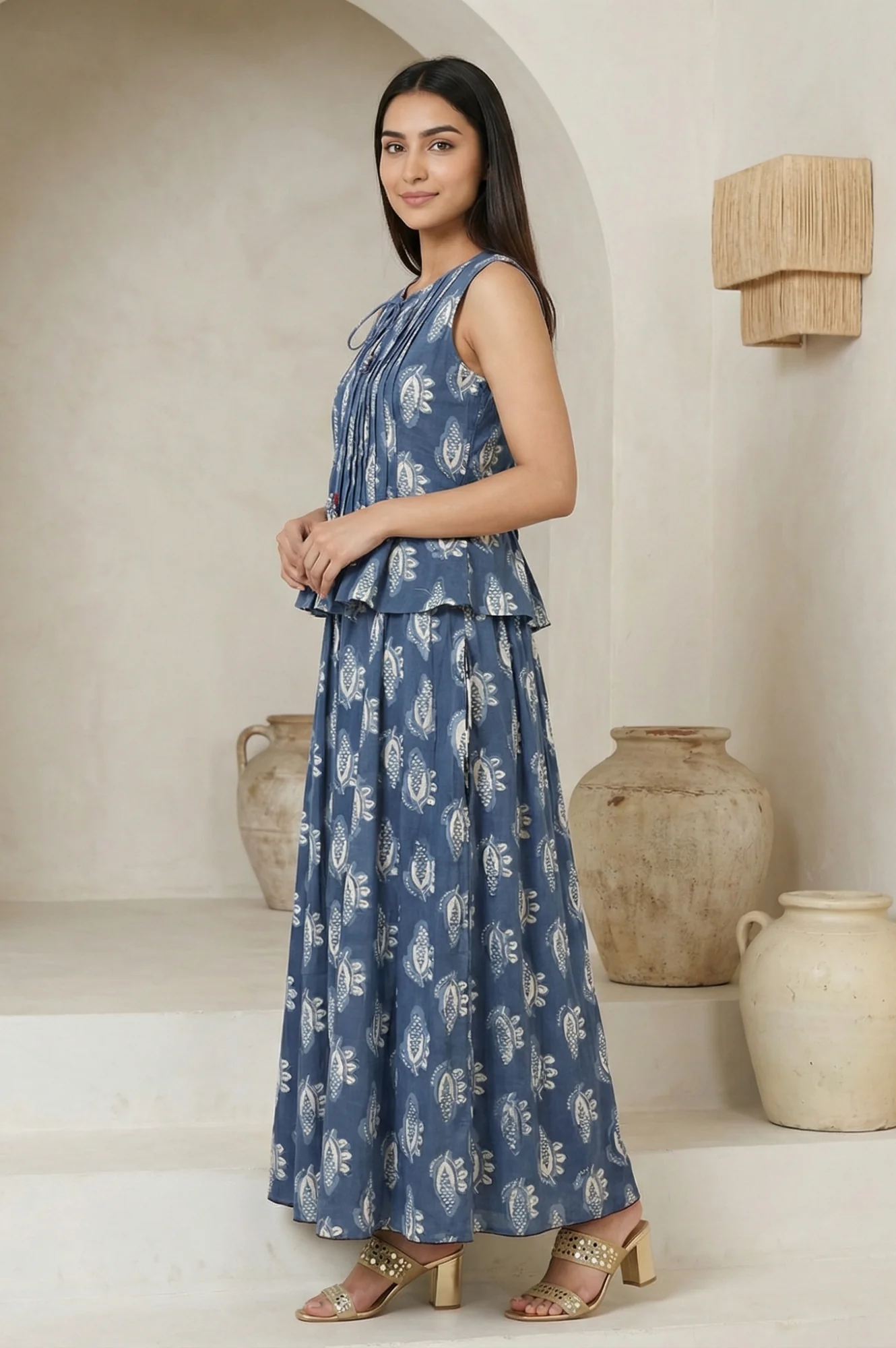 Blue Floral Printed Tassel Pure Cotton Top with Flared Skirt Set - Image 3